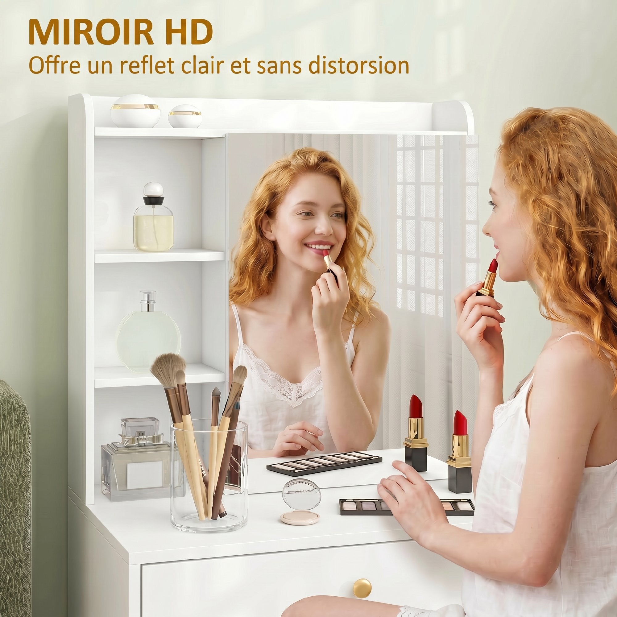 Coiffeuse avec miroir et tabouret de rangement mobile, table de maquillage compacte, tiroirs, placard, compartiments ouverts, étagère réglable, siège rembourré, pour chambre à coucher, blanc