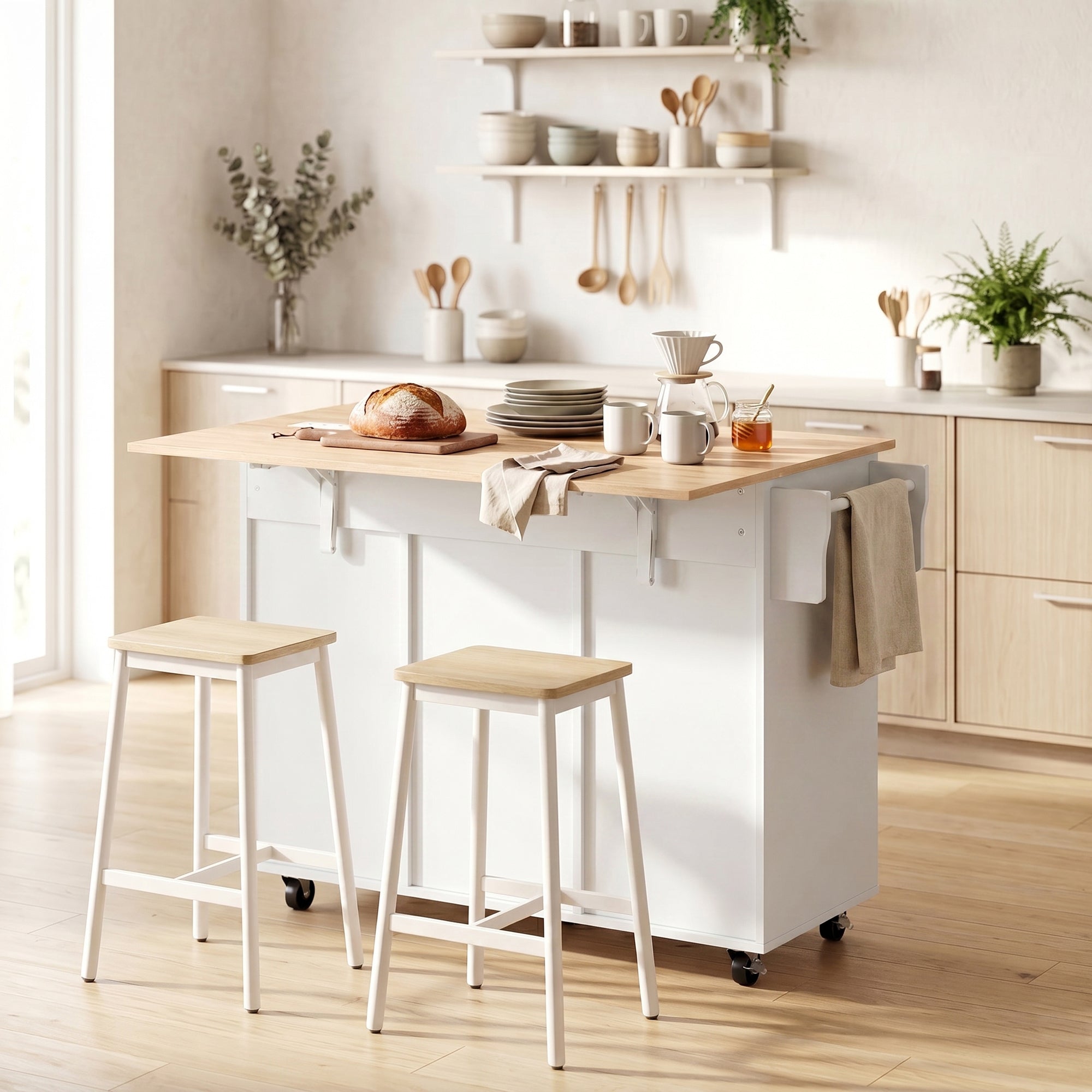 Îlot Central Cuisine avec Plateau Rabattable, Desserte de Cuisine sur Roulettes avec 2 Tiroirs, 3 Portes, Porte-Racks, Porte-Serviettes et Étagère Réglable, 129 x 72 x 90,5 cm, Blanc