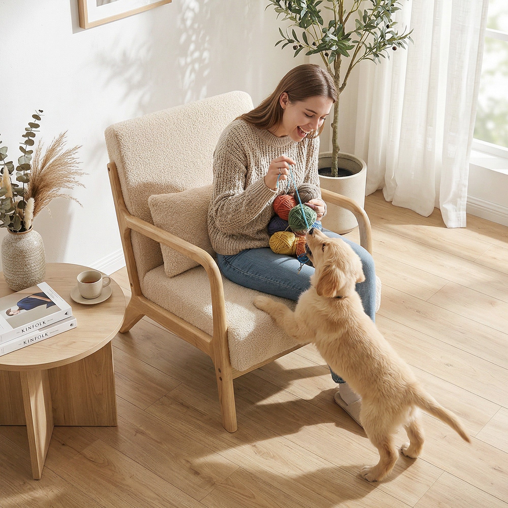 Fauteuil de salon avec cadre en bois massif fauteuil lounge - assise profonde - accoudoirs - aspect velours beige