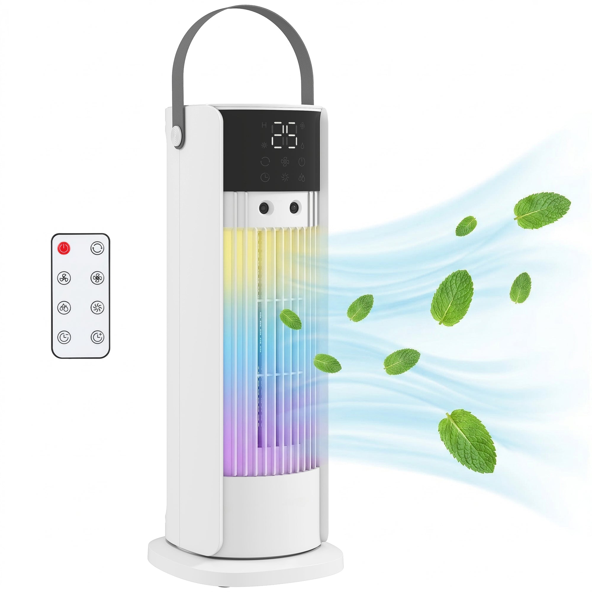 Ventilateur de table colonne avec brumisateur et éclairage RGB, ventilateur de bureau 3 vitesses, oscillation à 90°, minuterie 10 h, pour chambre et bureau, blanc