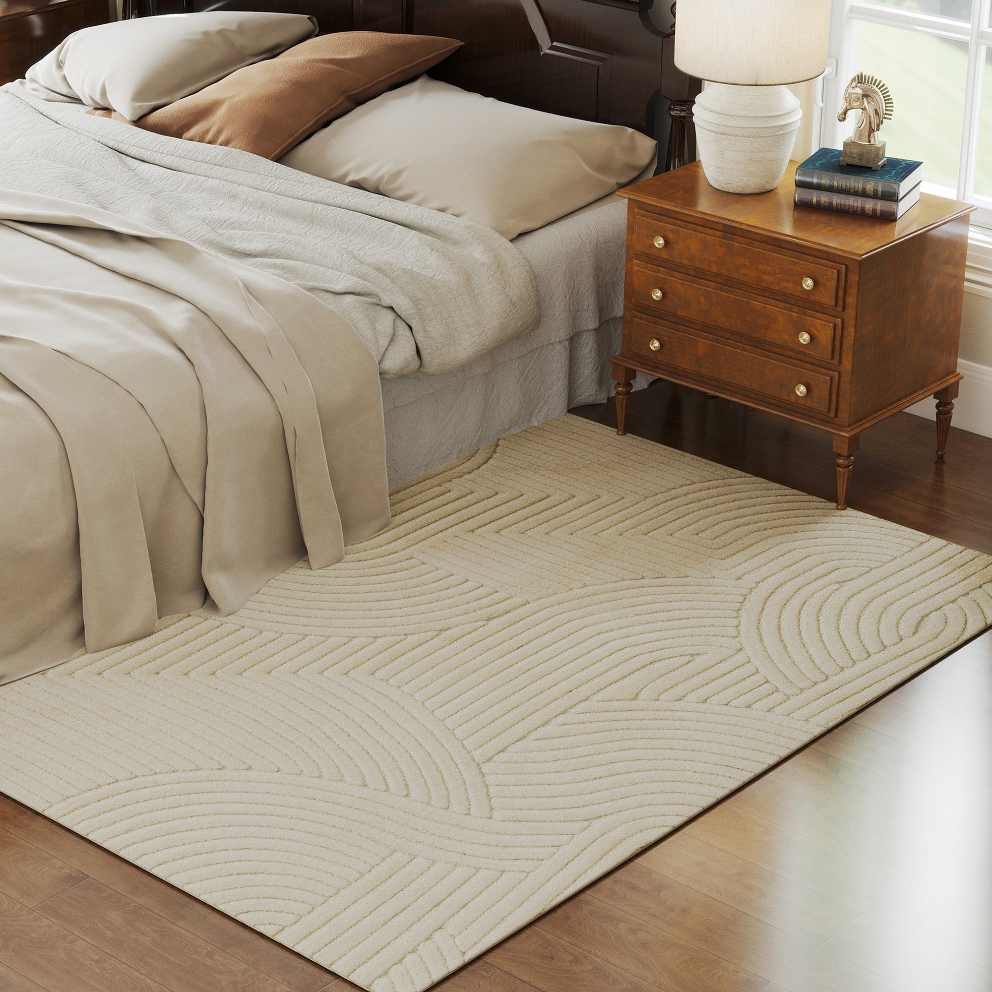 Tapis salon 200 x 140 cm, tapis à poils épais géométrique, moelleux et antidérapant, style moderne, pour salon, chambre à coucher, bureau, crème