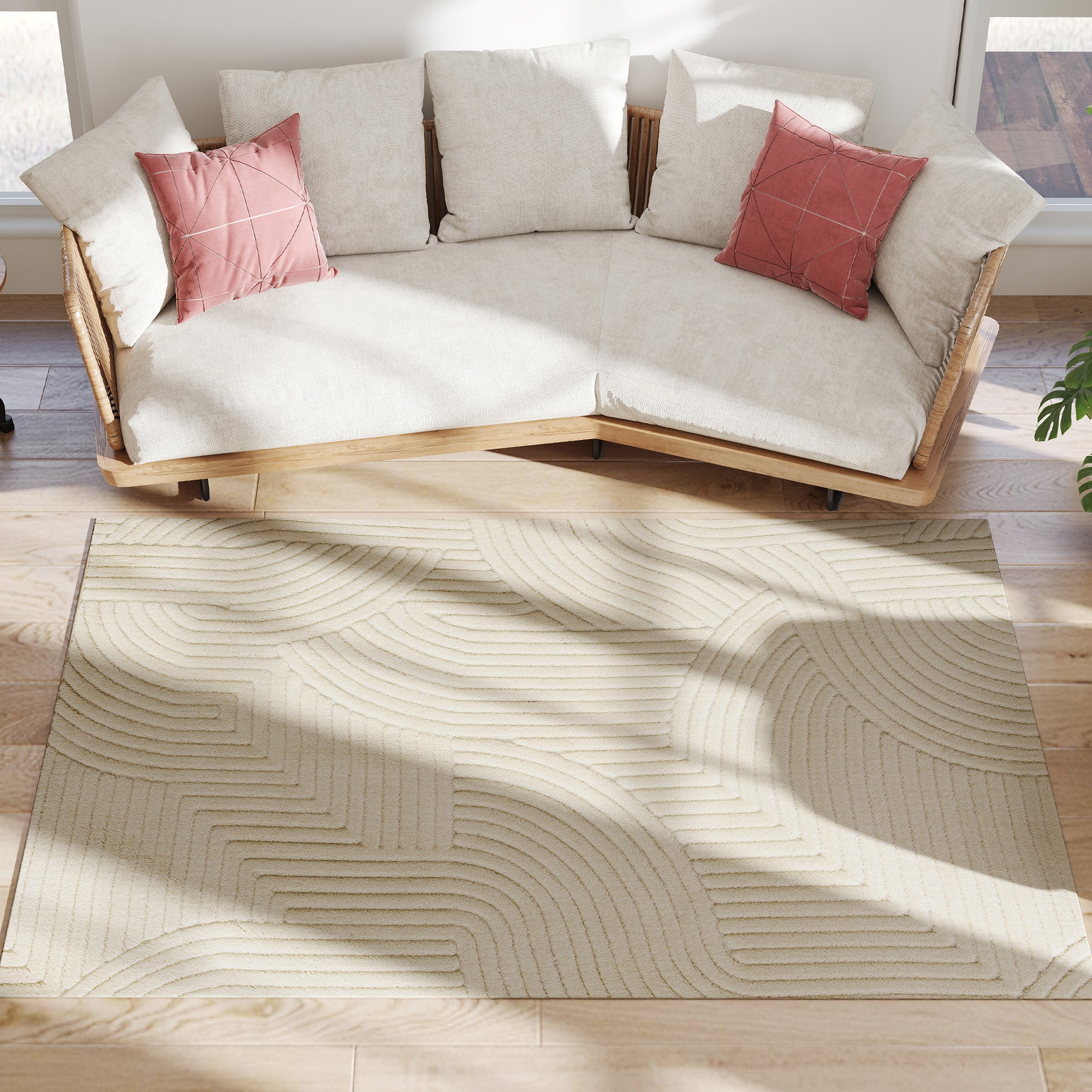 Tapis salon 200 x 140 cm, tapis à poils épais géométrique, moelleux et antidérapant, style moderne, pour salon, chambre à coucher, bureau, crème
