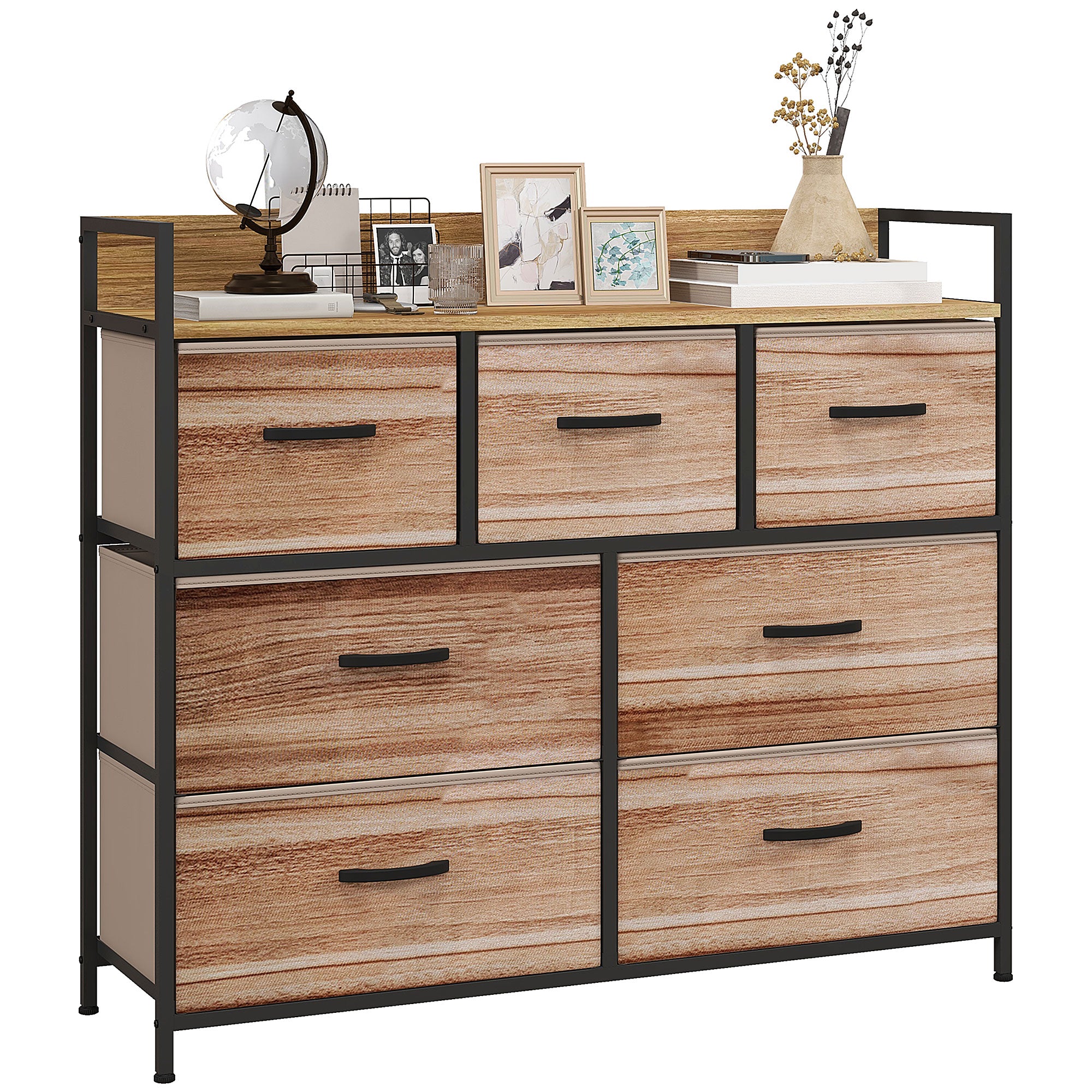 Commode 7 tiroirs meuble de rangement tiroir en tissu pliant - structure acier noir - 98 x 29 x 85 cm, chambre, entrée, salon, noir et naturel