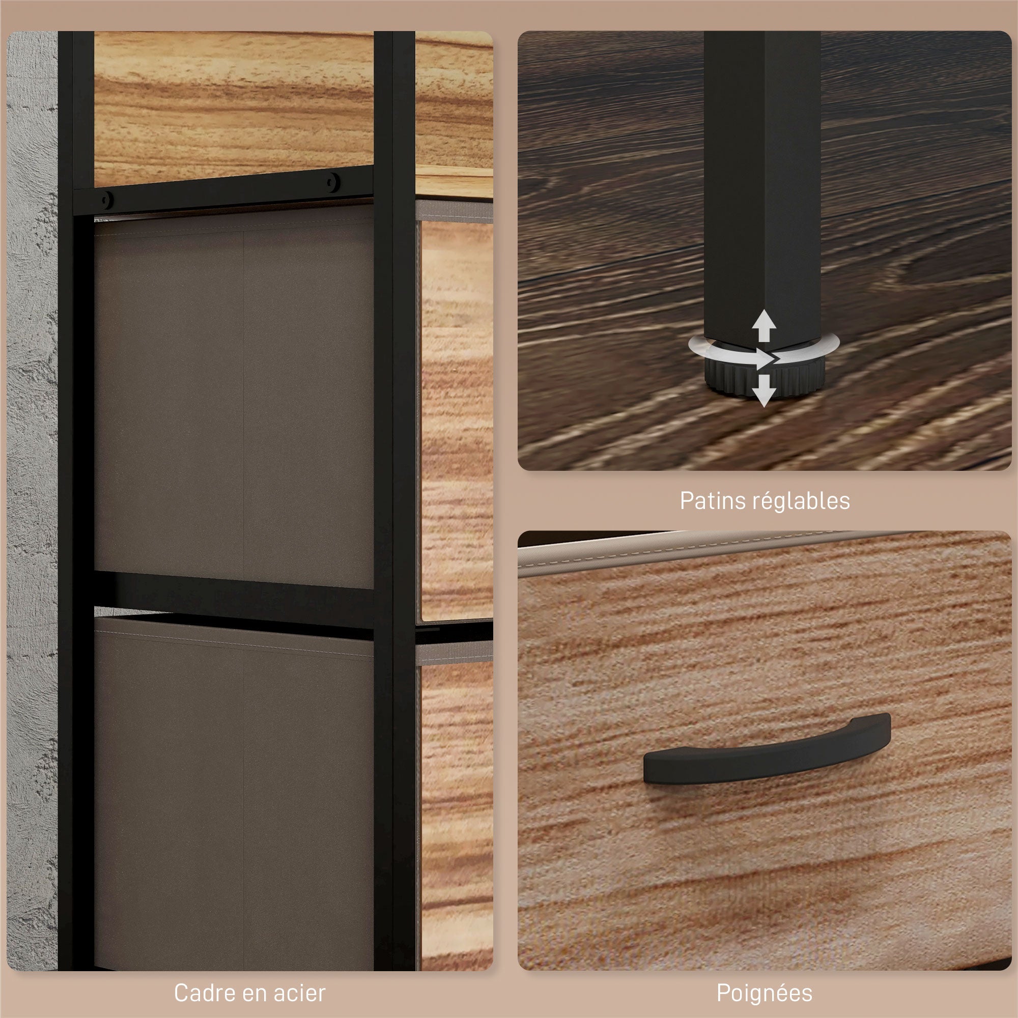 Commode 7 tiroirs meuble de rangement tiroir en tissu pliant - structure acier noir - 98 x 29 x 85 cm, chambre, entrée, salon, noir et naturel