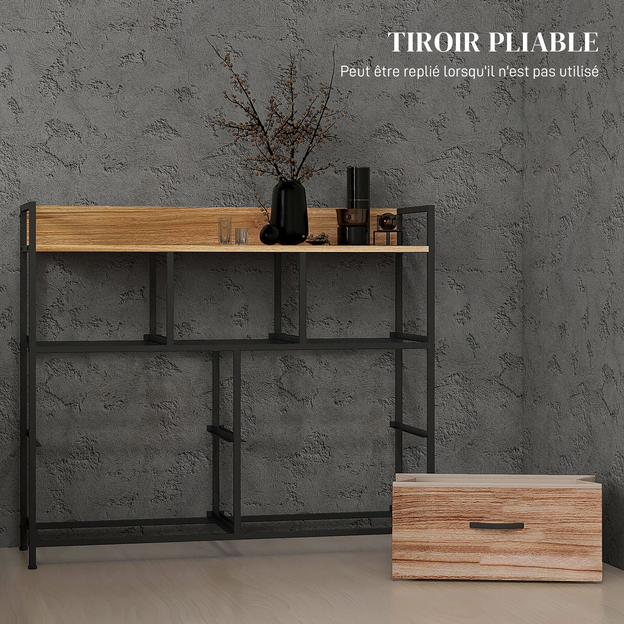 Commode 7 tiroirs meuble de rangement tiroir en tissu pliant - structure acier noir - 98 x 29 x 85 cm, chambre, entrée, salon, noir et naturel