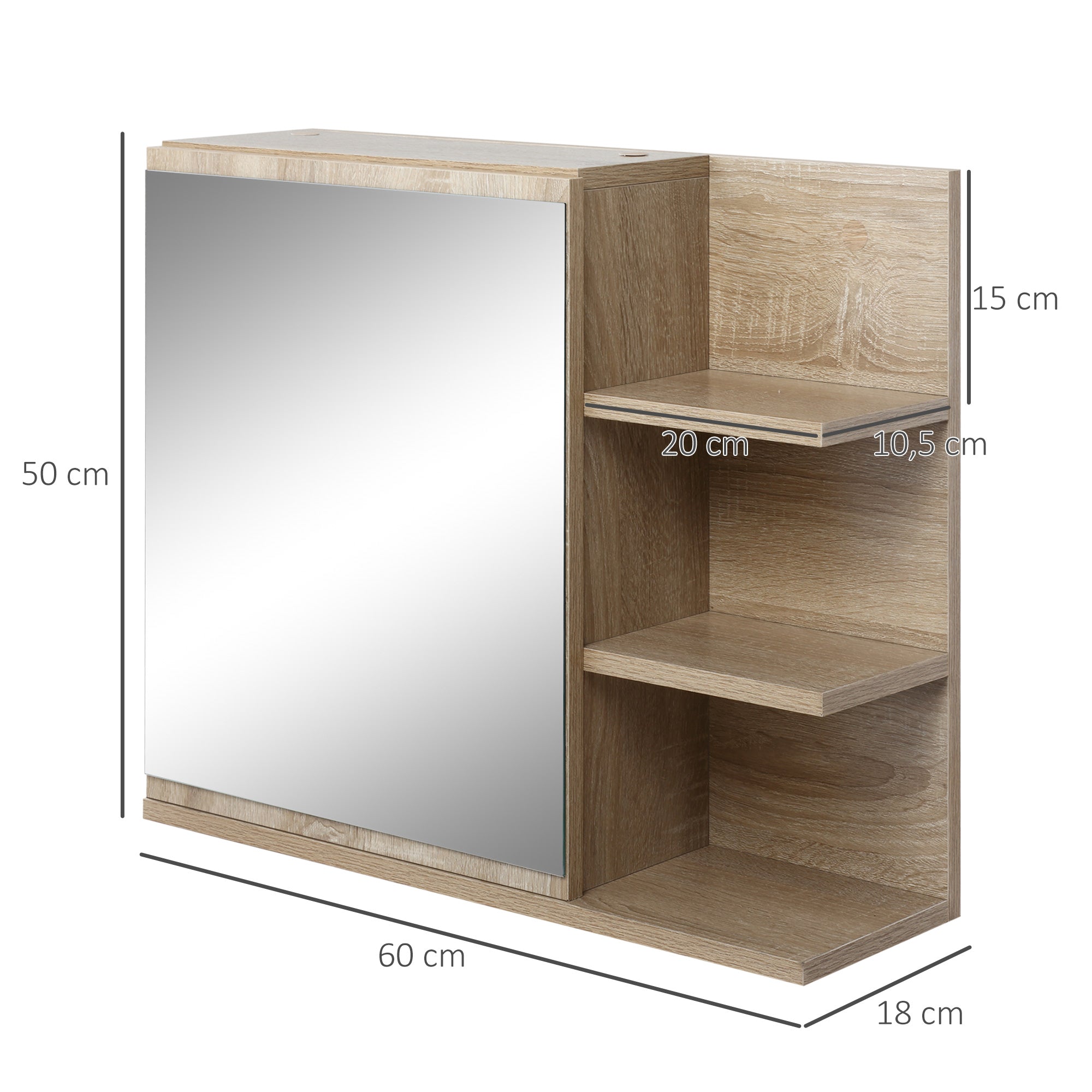 Armoire Miroir de Salle de Bain avec étagère - 3 étagères latérales - kit Installation Murale fourni - Panneaux Particules Aspect chêne Clair