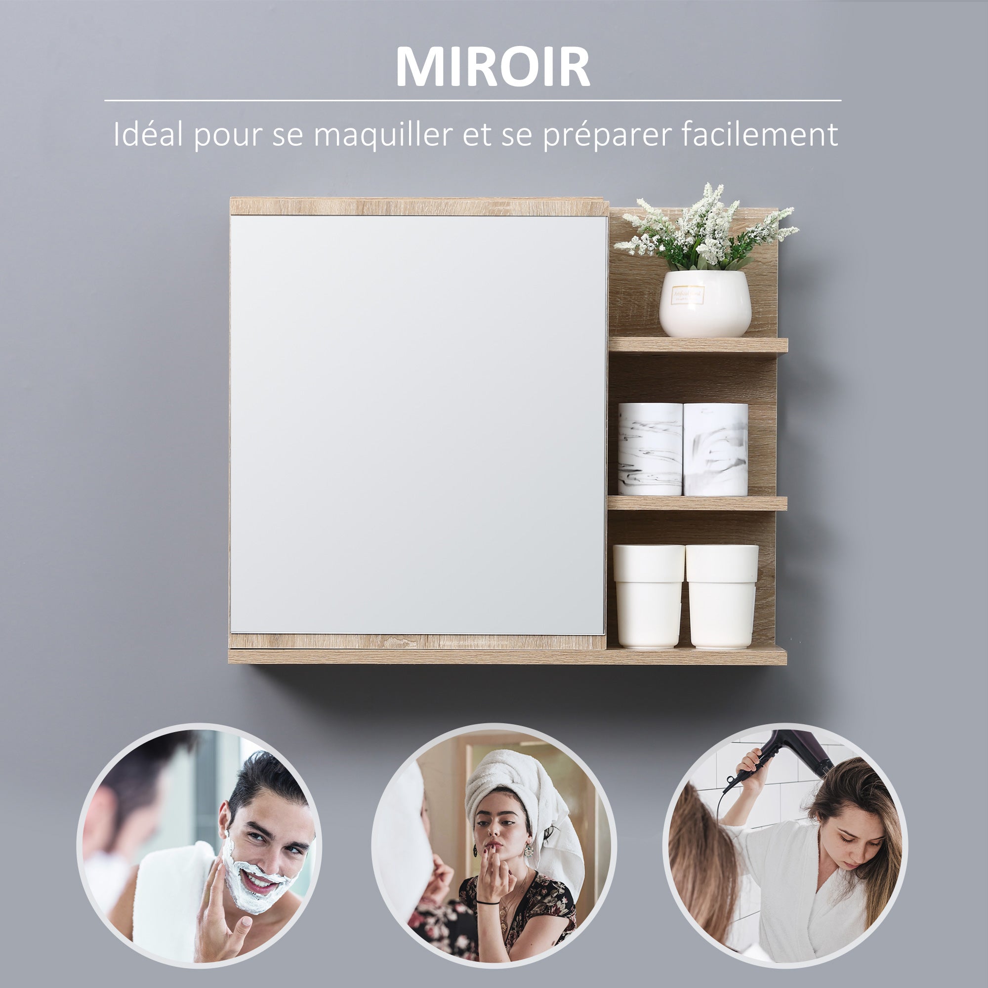 Armoire Miroir de Salle de Bain avec étagère - 3 étagères latérales - kit Installation Murale fourni - Panneaux Particules Aspect chêne Clair