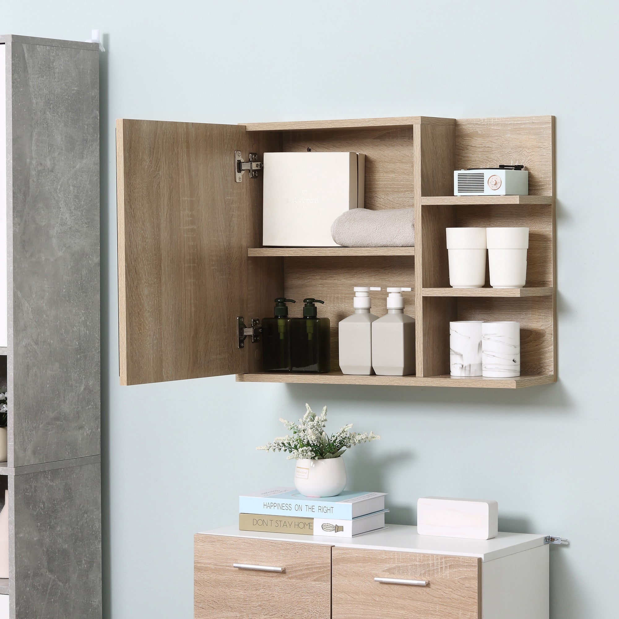 Armoire Miroir de Salle de Bain avec étagère - 3 étagères latérales - kit Installation Murale fourni - Panneaux Particules Aspect chêne Clair
