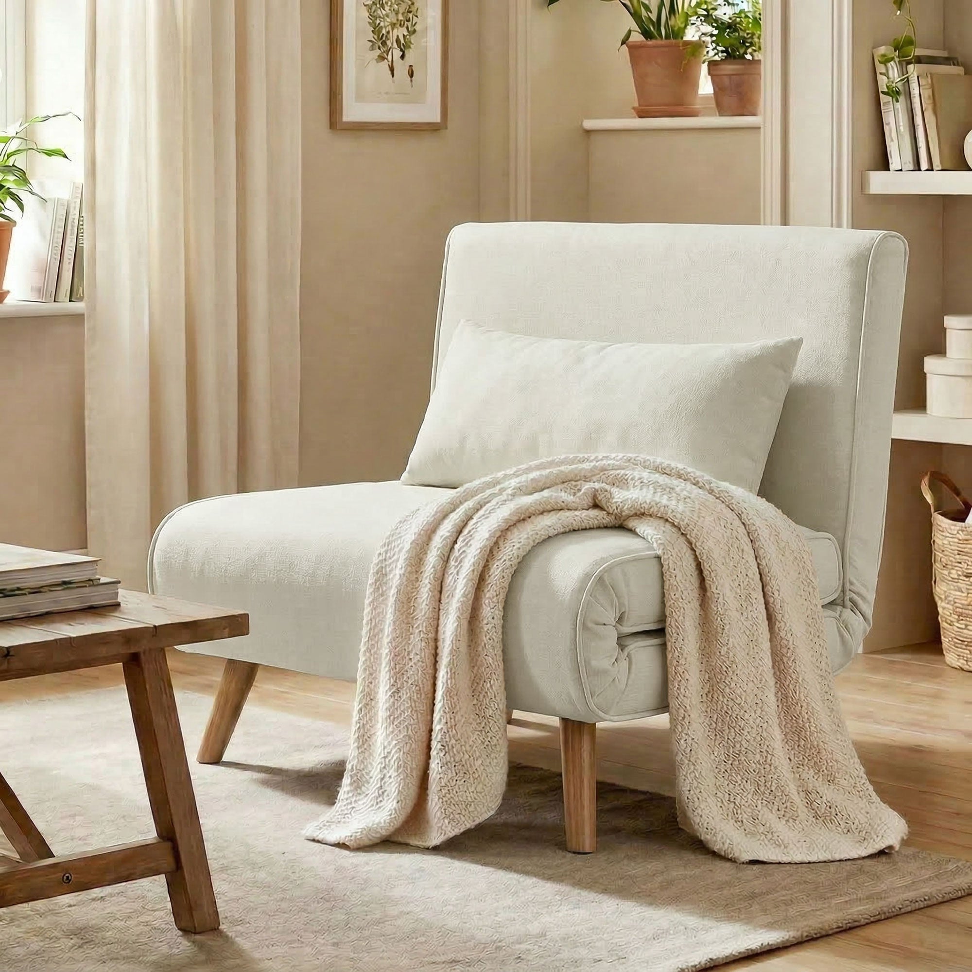 3 en 1 fauteuil convertible 1 place, fauteuil lit et chauffeuse - dossier inclinable 5 niveaux et oreiller inclus, siège rembourré - pour bureau, salon, chambre à coucher, crème
