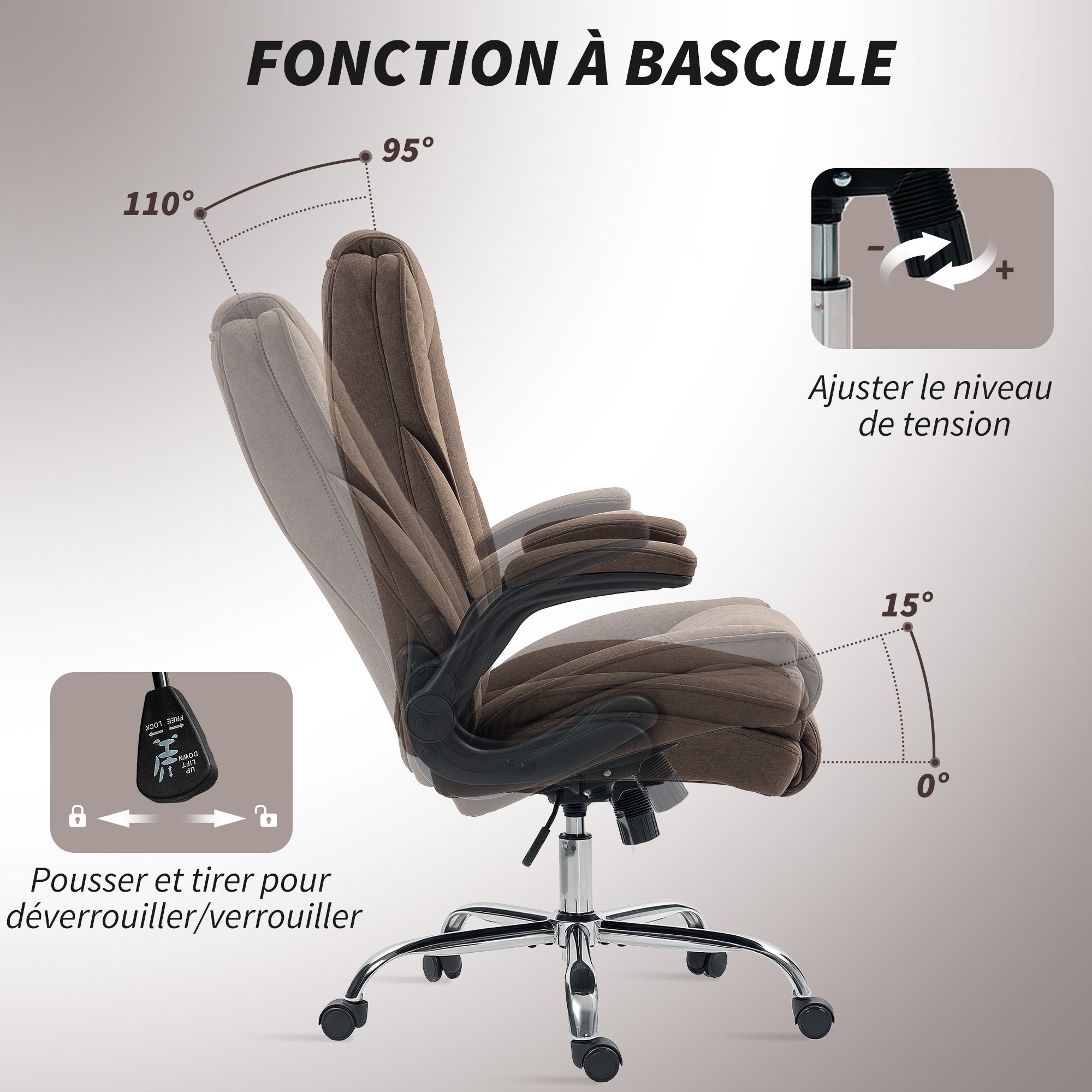 Fauteuil de bureau, chaise bureau ergonomique avec large assise rembourrée, hauteur réglable, accoudoirs relevables, dossier haut, pivotant 360°, tissu en velours, charge 135 Kg, marron