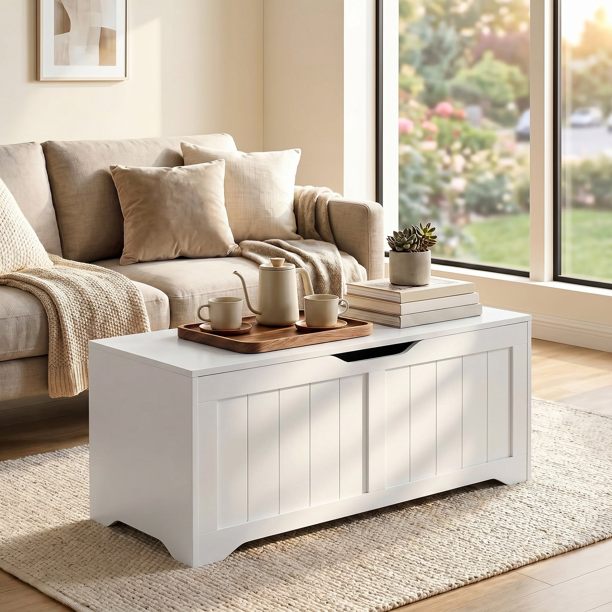 Coffre de Rangement 136 L, Banc Coffre avec 2 Charnières de Sécurité et Design Sans Poignée, Style Moderne, Banc d'Entrée ou Salon, 100 x 40 x 45 cm, Blanc