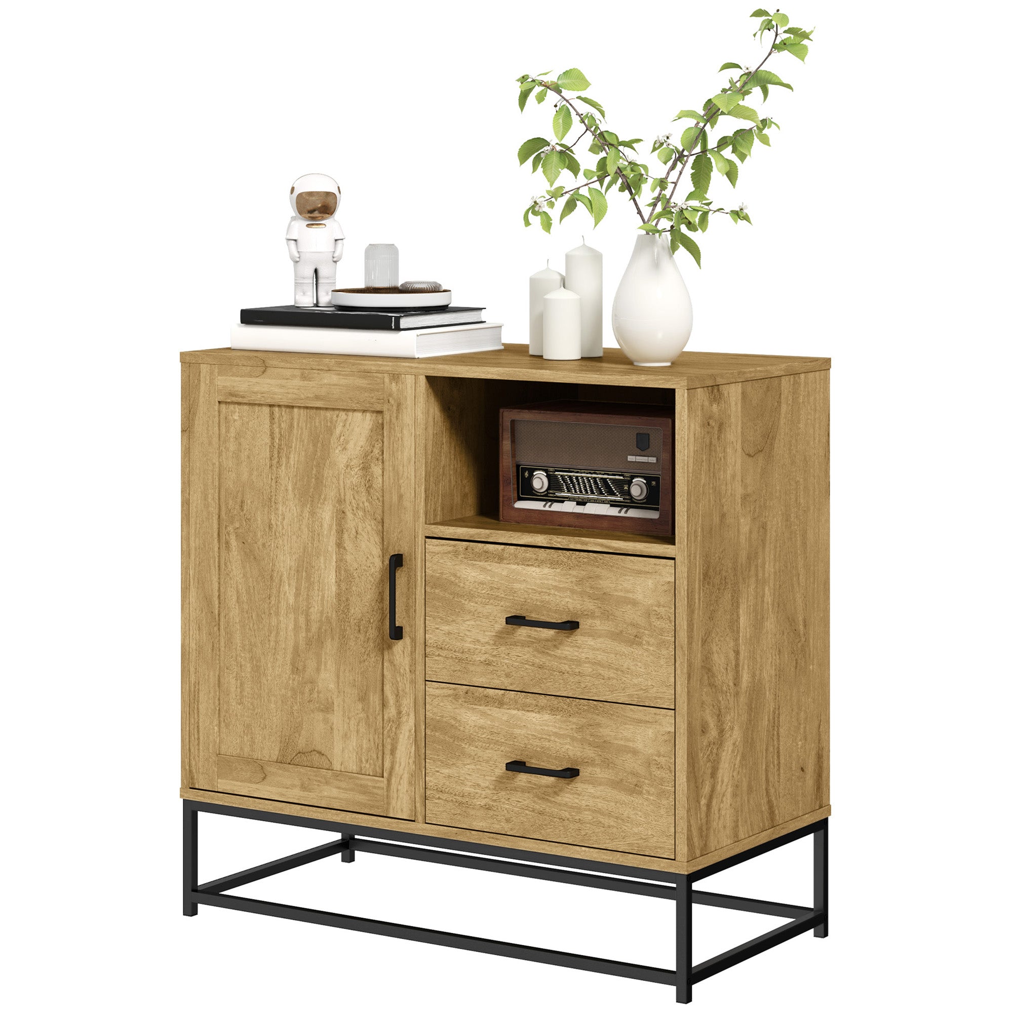 Buffet salon meuble de rangement style moderne avec 2 tiroirs, compartiment ouvert et étagère réglable - buffet salle à manger, cuisine et salon, 80 x 40 x 78 cm, bois naturel