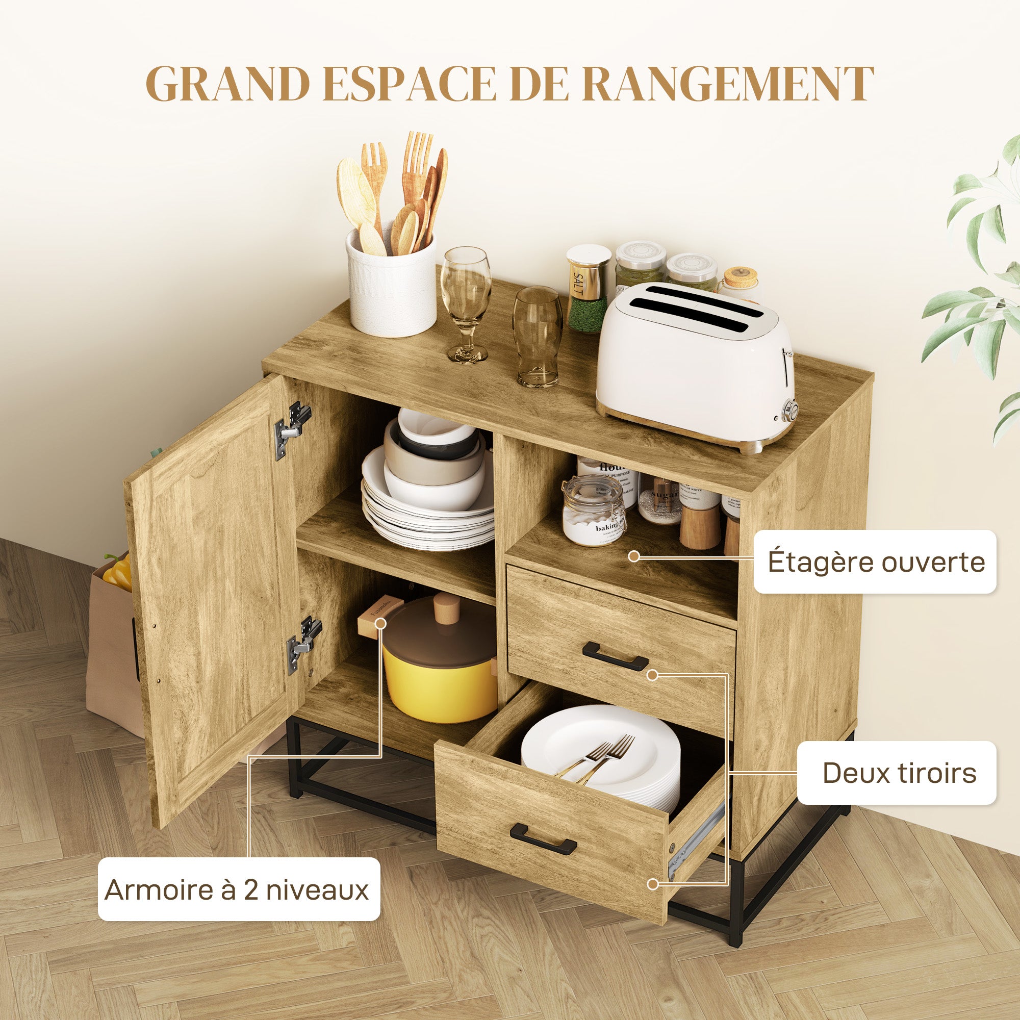 Buffet salon meuble de rangement style moderne avec 2 tiroirs, compartiment ouvert et étagère réglable - buffet salle à manger, cuisine et salon, 80 x 40 x 78 cm, bois naturel