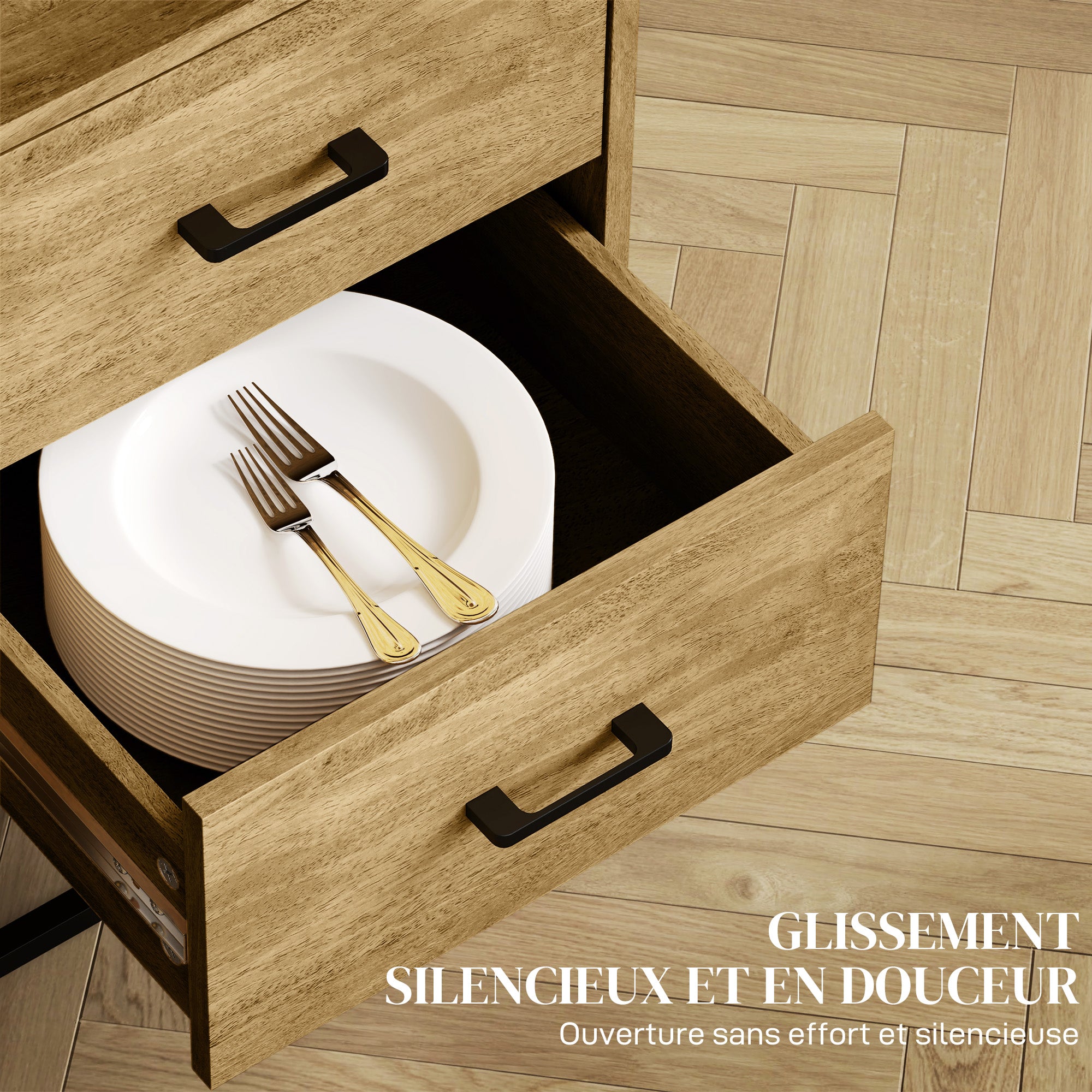 Buffet salon meuble de rangement style moderne avec 2 tiroirs, compartiment ouvert et étagère réglable - buffet salle à manger, cuisine et salon, 80 x 40 x 78 cm, bois naturel