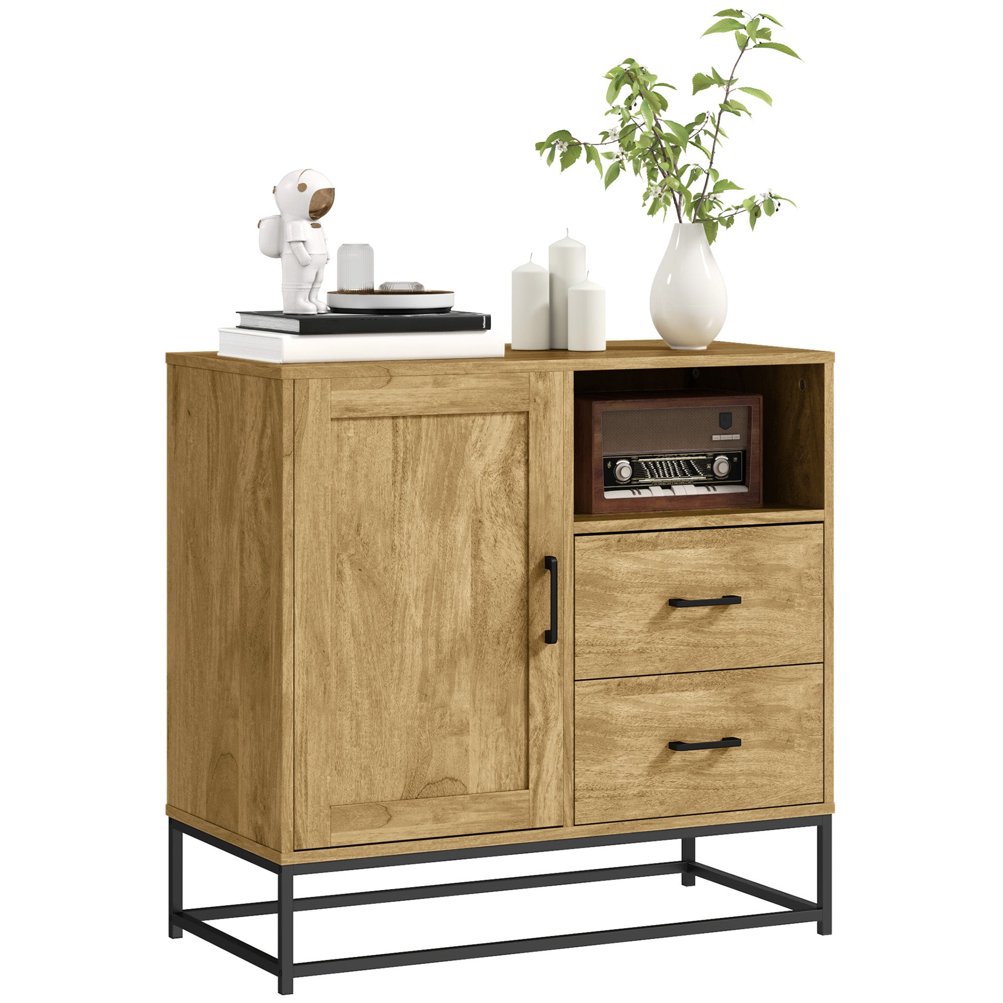Buffet salon meuble de rangement style moderne avec 2 tiroirs, compartiment ouvert et étagère réglable - buffet salle à manger, cuisine et salon, 80 x 40 x 78 cm, bois naturel