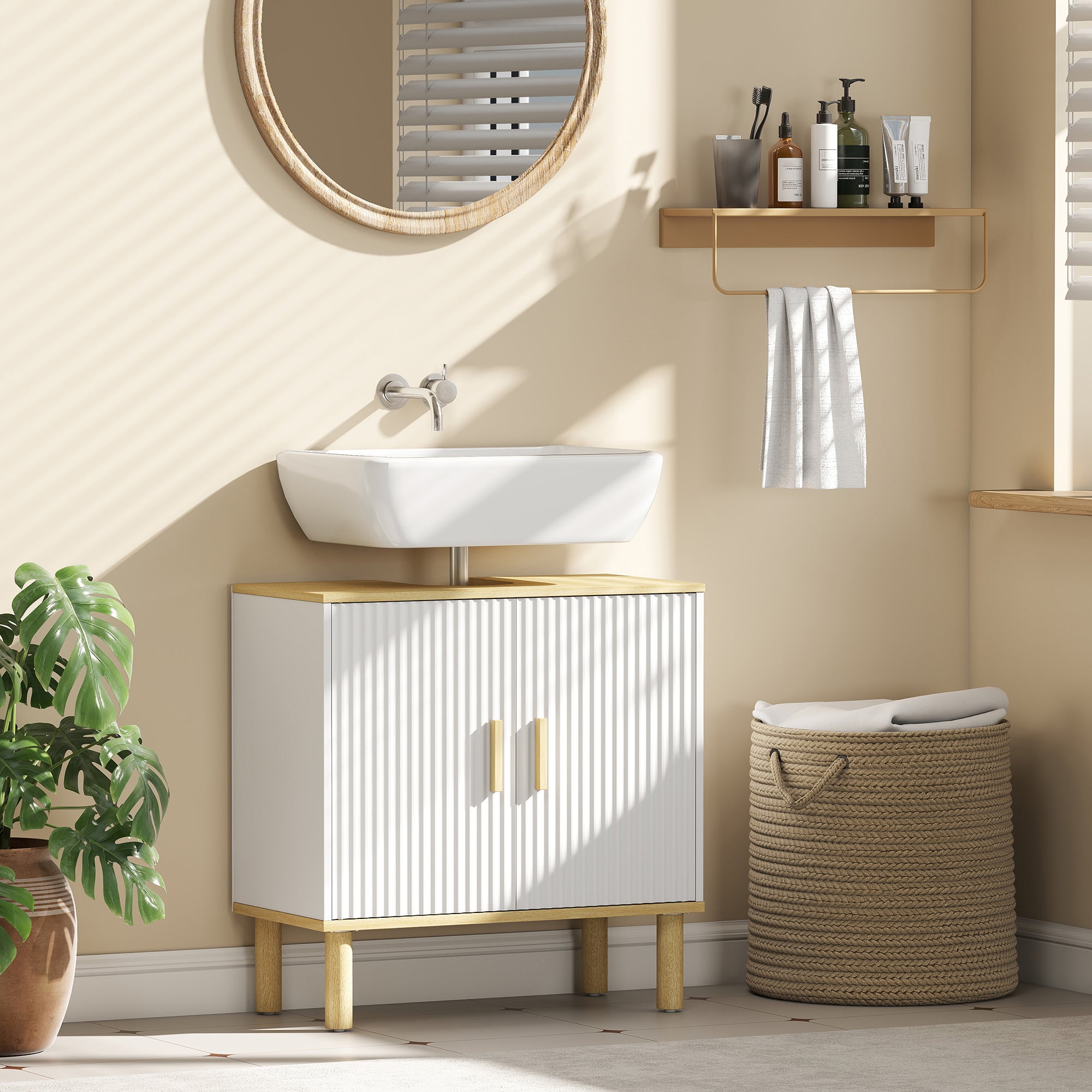 Meuble sous lavabo, meuble de salle de bain avec 2 portes et étagère réglable, armoire de salle de bains sous lavabo, style moderne, 60 x 30 x 61 cm, blanc