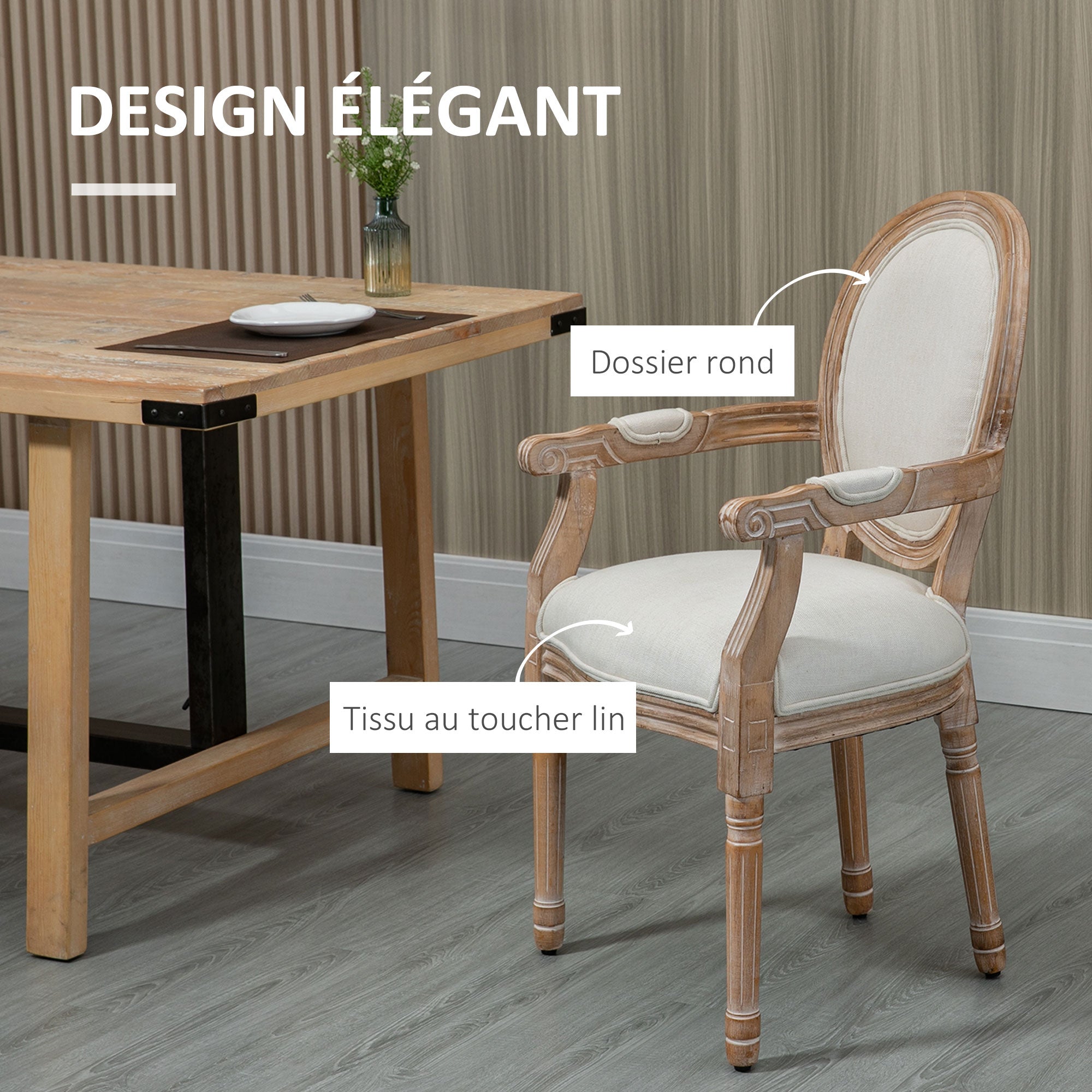 Chaise de Salle à Manger Chaise de Salon médaillon Style Louis XVI Bois Massif patiné sculpté Tissu Lin Crème