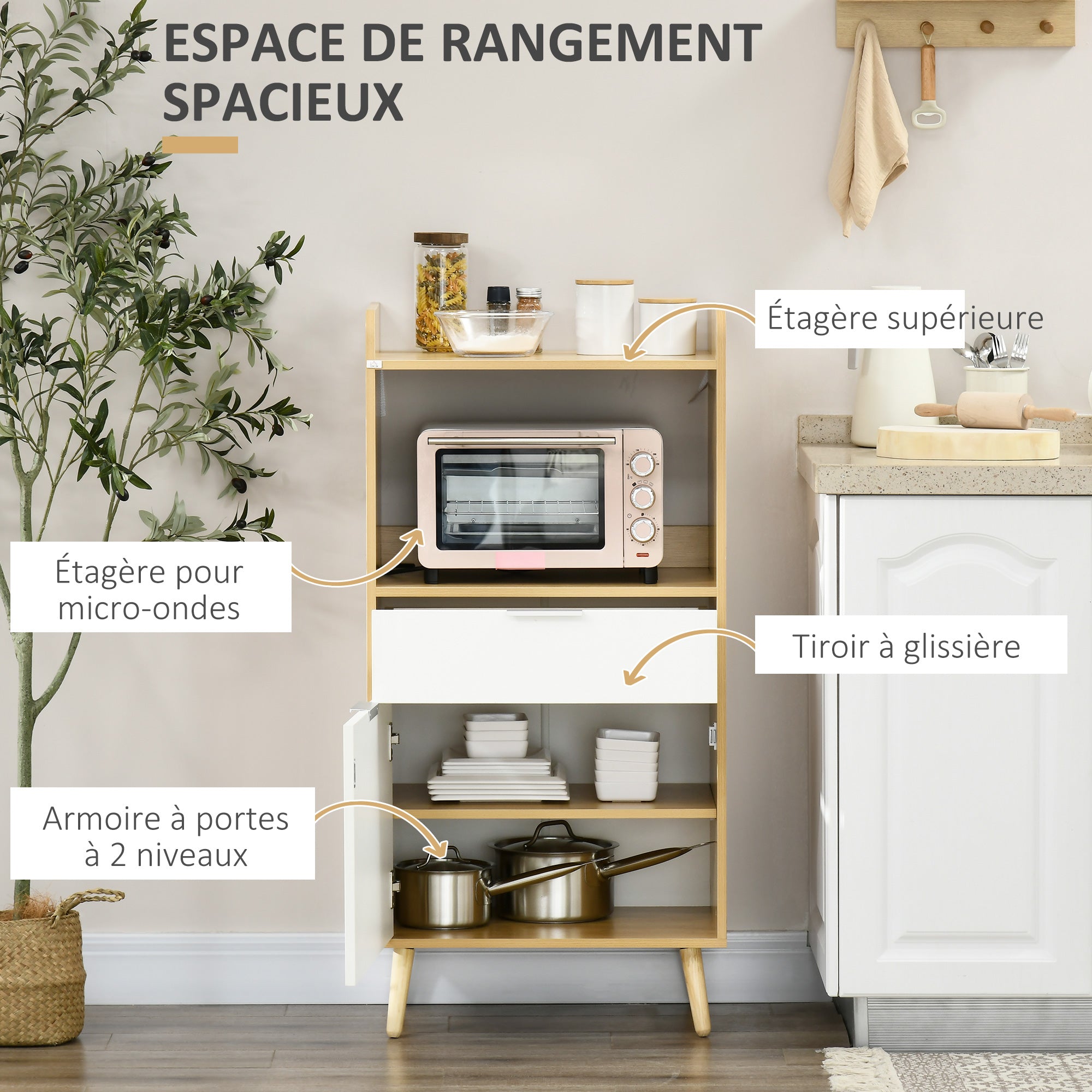 Meuble desserte de cuisine pour micro-ondes style scandinave avec placard, tiroir, étagère réglable - 58 x 40 x 118 cm - naturel et blanc