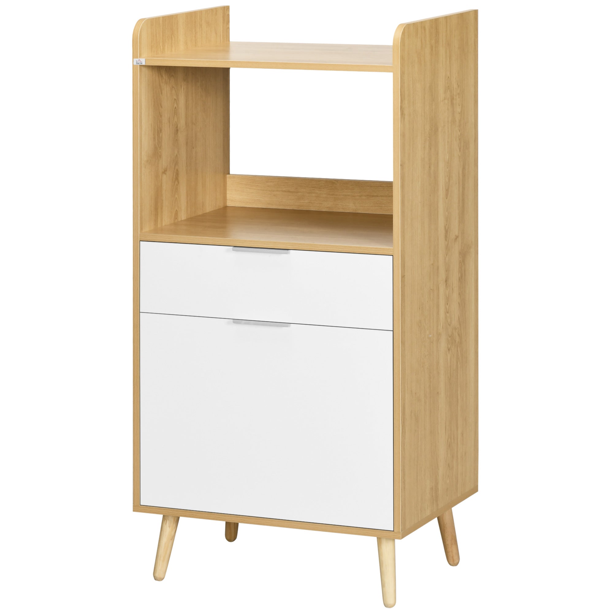Meuble desserte de cuisine pour micro-ondes style scandinave avec placard, tiroir, étagère réglable - 58 x 40 x 118 cm - naturel et blanc