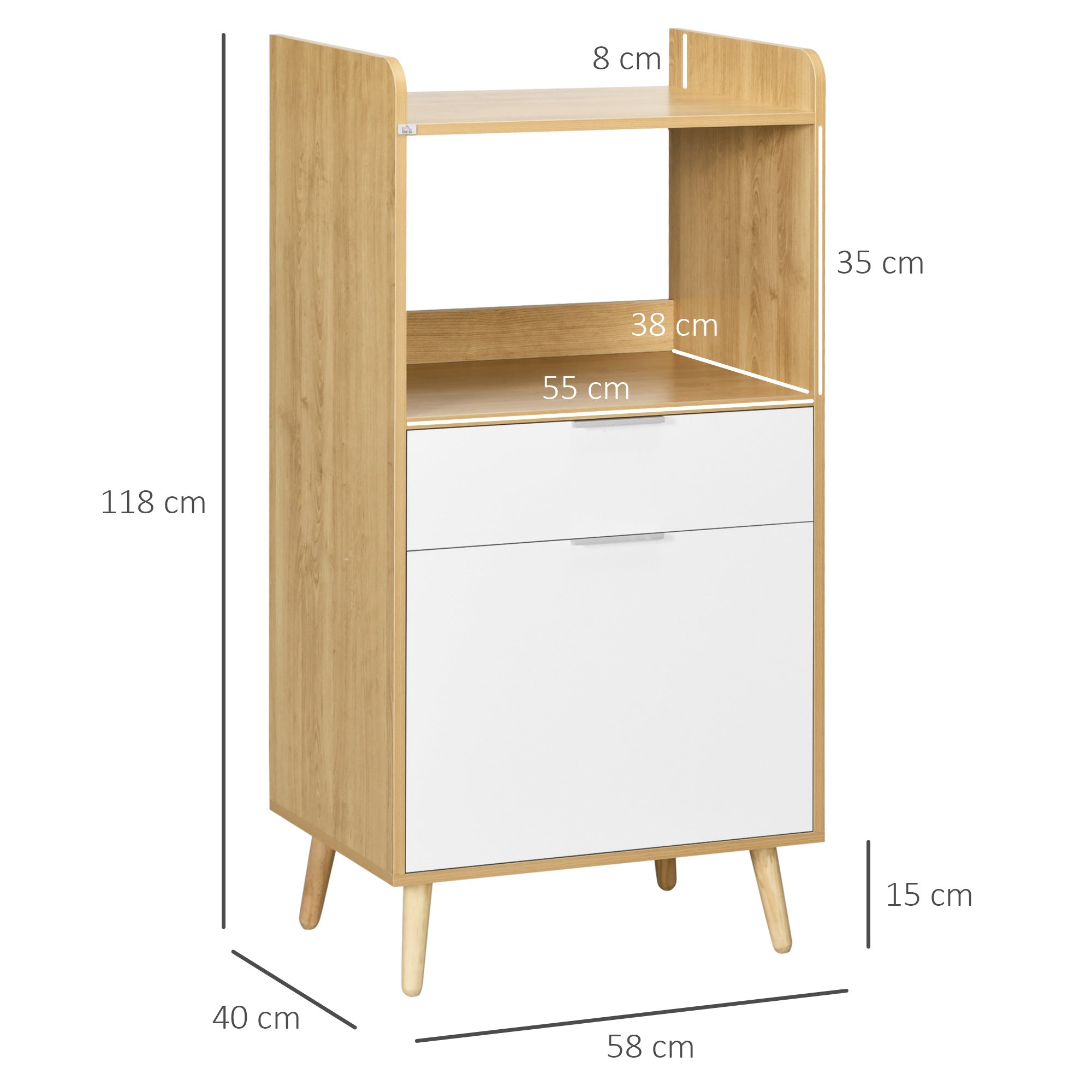 Meuble desserte de cuisine pour micro-ondes style scandinave avec placard, tiroir, étagère réglable - 58 x 40 x 118 cm - naturel et blanc