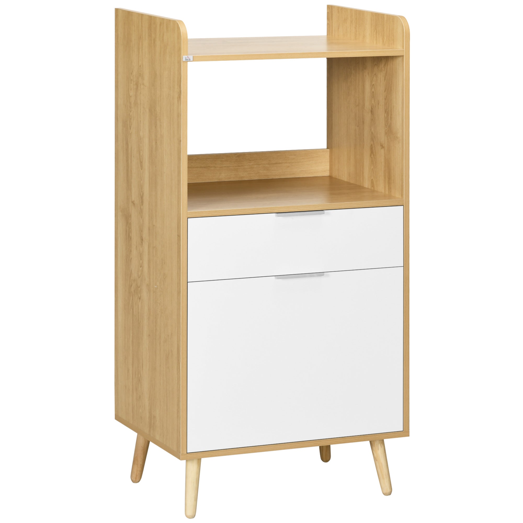 Meuble desserte de cuisine pour micro-ondes style scandinave avec placard, tiroir, étagère réglable - 58 x 40 x 118 cm - naturel et blanc