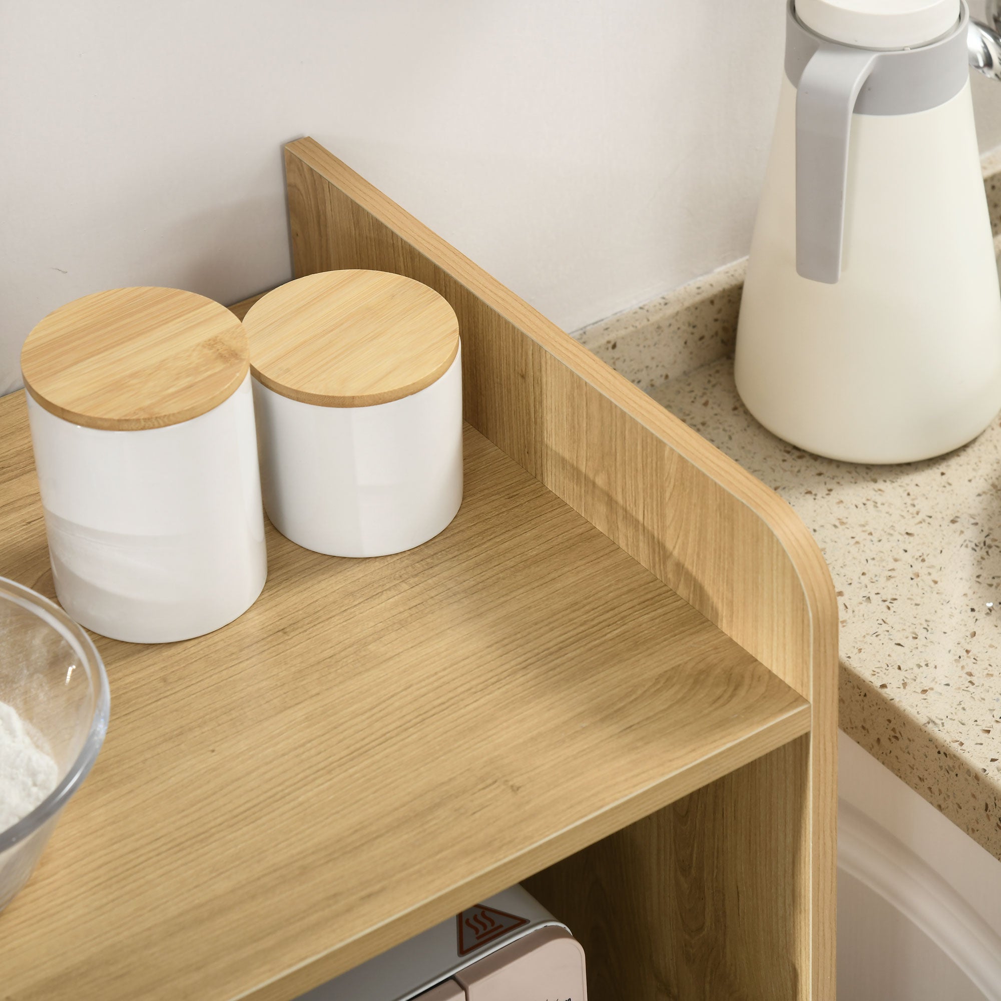 Meuble desserte de cuisine pour micro-ondes style scandinave avec placard, tiroir, étagère réglable - 58 x 40 x 118 cm - naturel et blanc