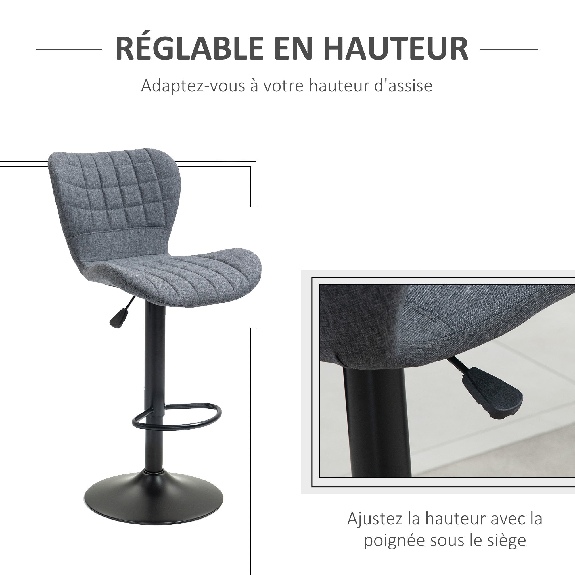 Lot de 2 Tabouret de Bar Design Dossier incurvé capitonné Hauteur d'assise réglable 61-81 cm pivotant 360° Repose-Pied Velours Gris