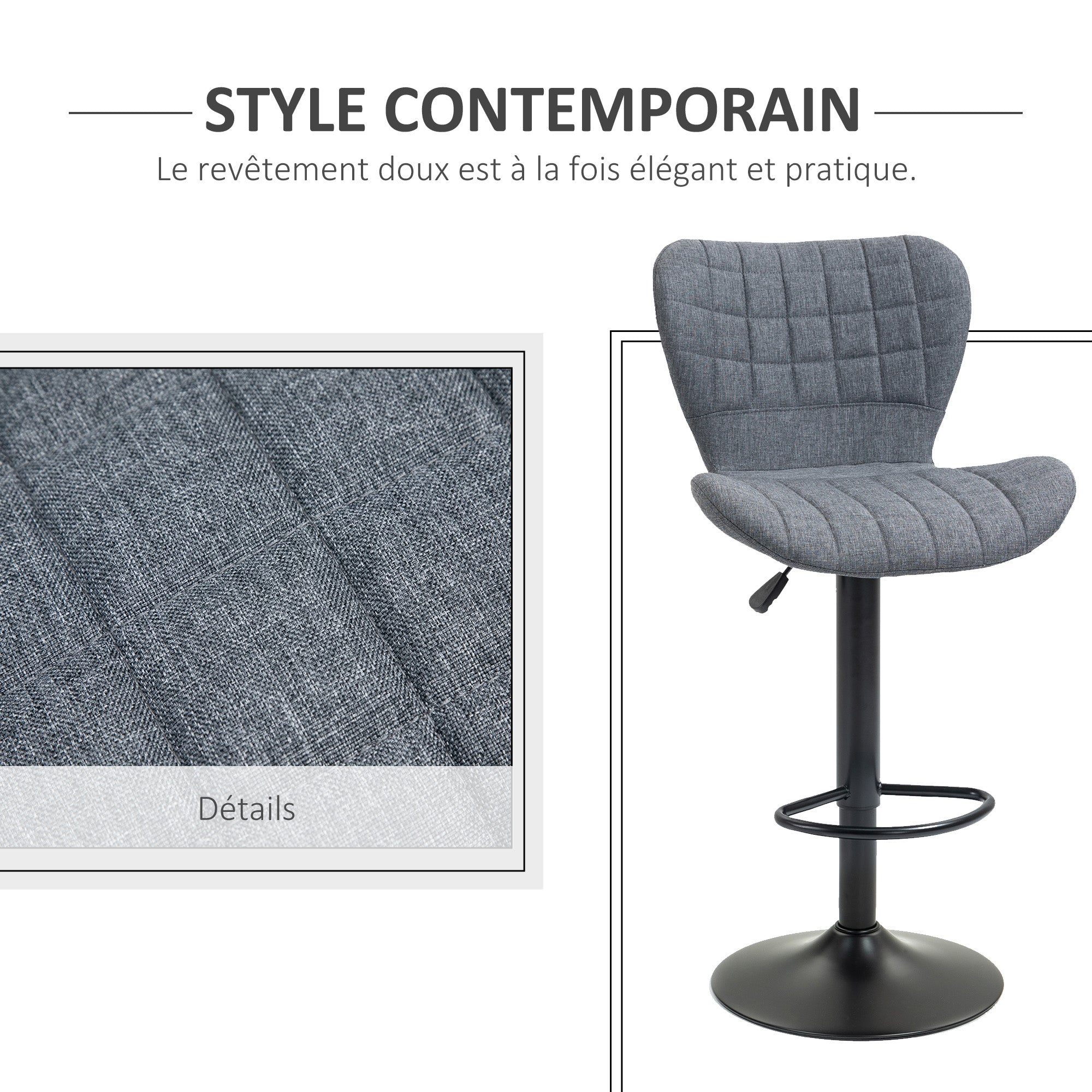 Lot de 2 Tabouret de Bar Design Dossier incurvé capitonné Hauteur d'assise réglable 61-81 cm pivotant 360° Repose-Pied Velours Gris