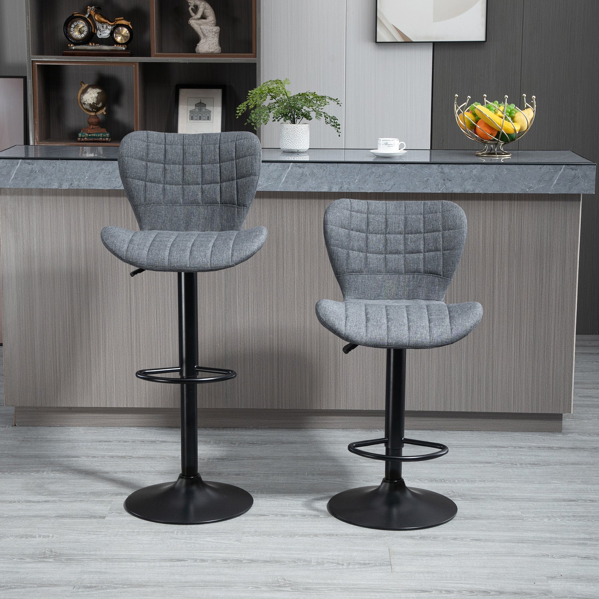 Lot de 2 Tabouret de Bar Design Dossier incurvé capitonné Hauteur d'assise réglable 61-81 cm pivotant 360° Repose-Pied Velours Gris