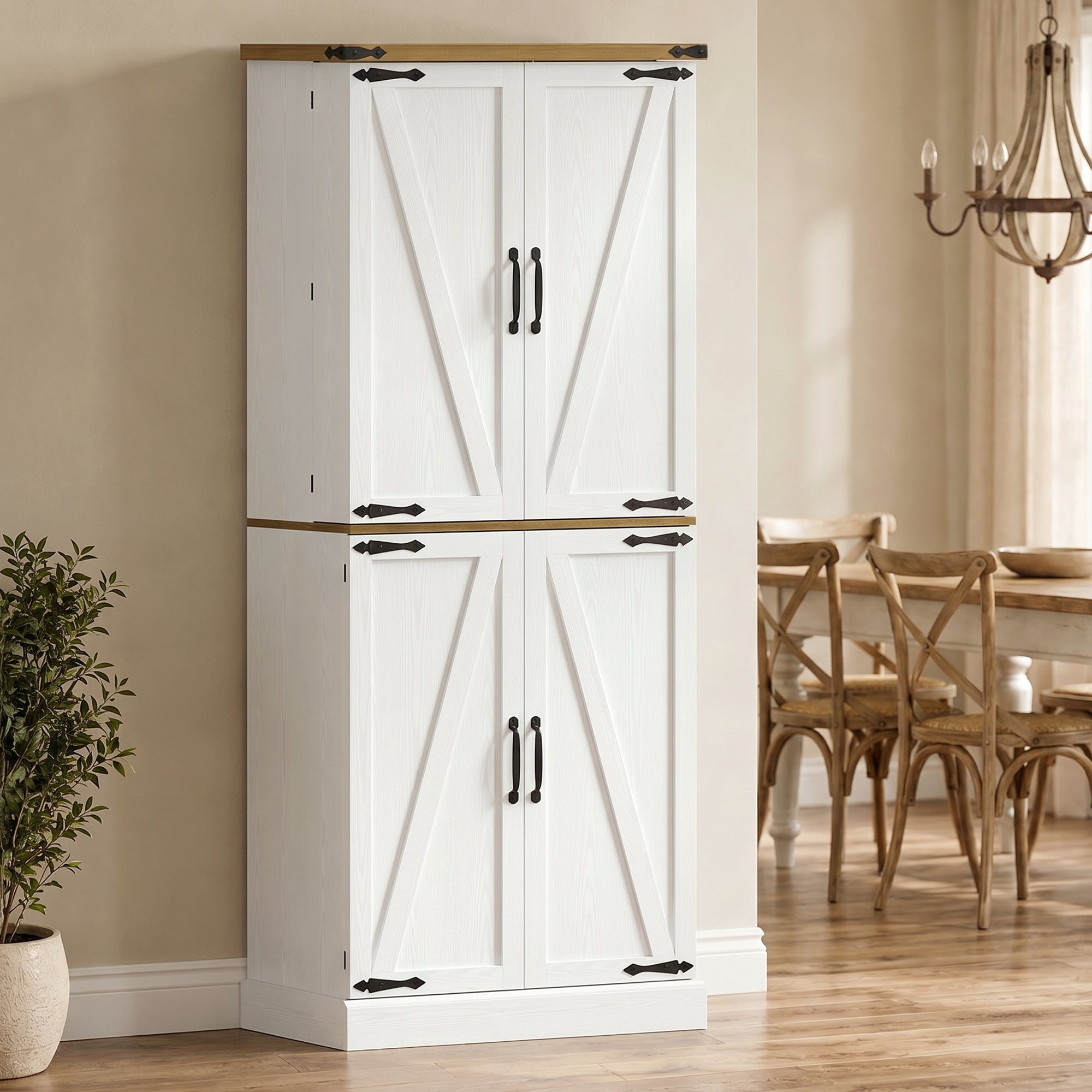 Buffet haut cuisine, armoire de cuisine, vaisselier, 4 portes, 3 tiroirs, 8 porte-racks et étagères réglables, style rustique, meuble de rangement pour salon, salle à manger, 76x40x182cm, blanc
