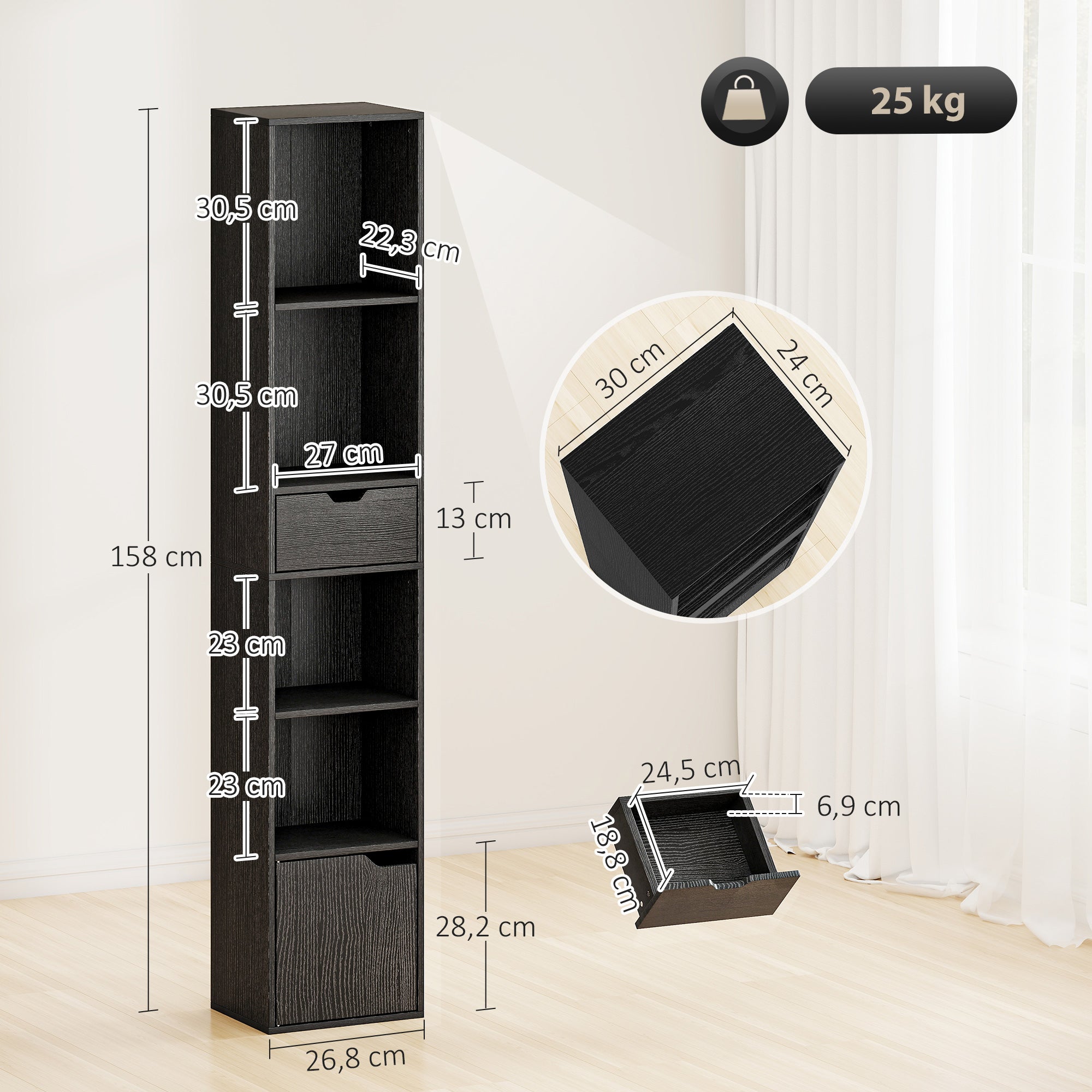 Bibliothèque Étagère à 6 Niveaux, Bibliothèque verticale gain de place avec armoire, étagère réglable et tiroir, pour salon chambre bureau studio, 30x24x158 cm, Noir
