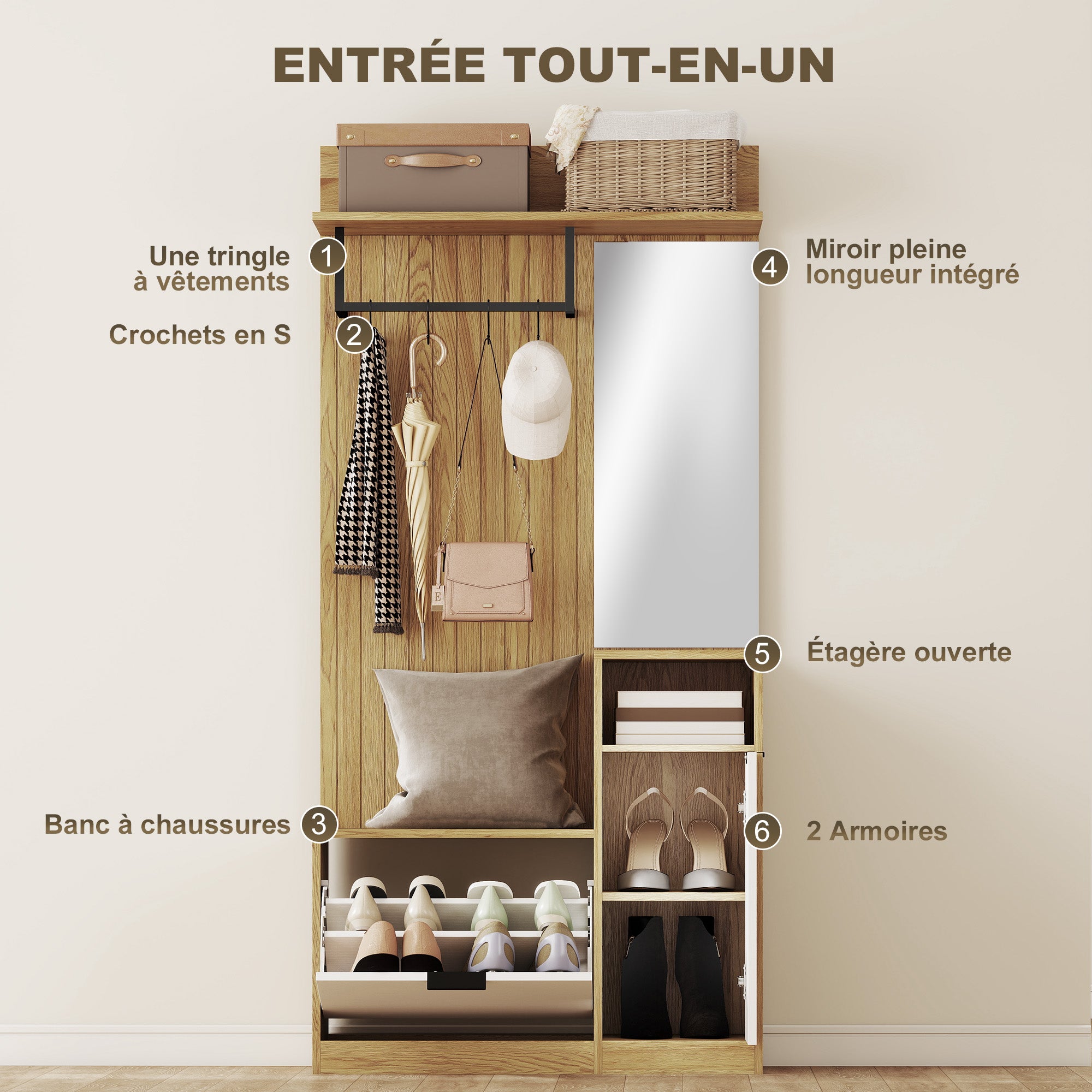 Meuble d'entrée 6 en 1, vestiaire d'entrée avec banc à chaussures rabattable, miroir, étagères, placard et patère, style moderne, porte-manteau pour couloir, chambre, salon, 80x37x168cm, chêne