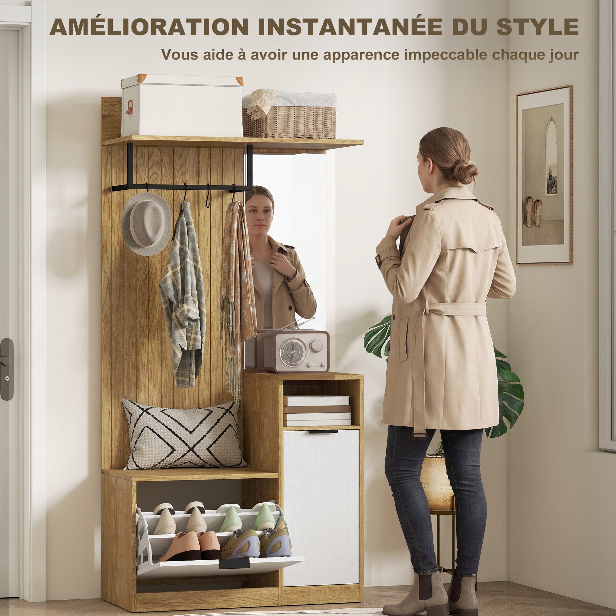 Meuble d'entrée 6 en 1, vestiaire d'entrée avec banc à chaussures rabattable, miroir, étagères, placard et patère, style moderne, porte-manteau pour couloir, chambre, salon, 80x37x168cm, chêne