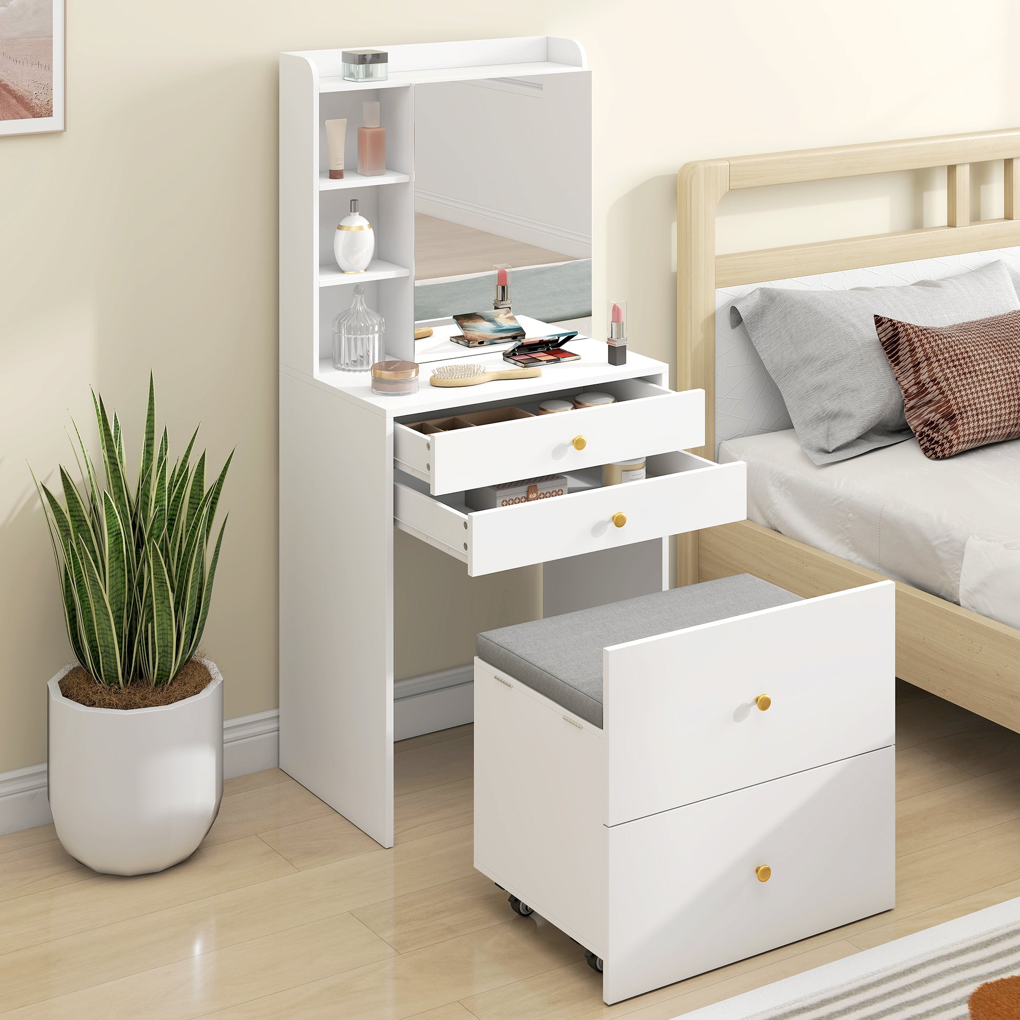 Coiffeuse avec miroir et tabouret de rangement mobile, table de maquillage compacte, tiroirs, placard, compartiments ouverts, étagère réglable, siège rembourré, pour chambre à coucher, blanc