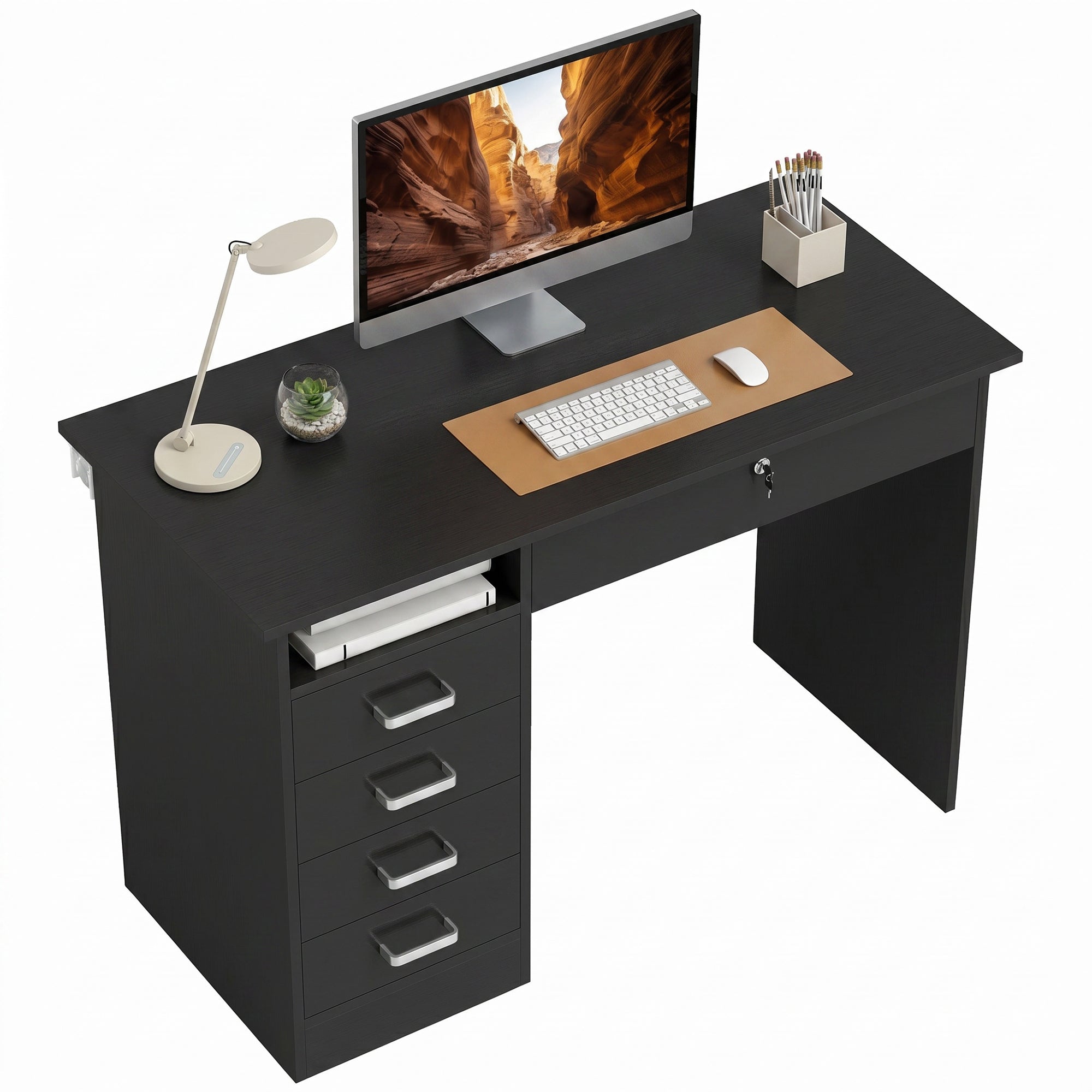 Bureau informatique table d'ordinateur avec grand plateau, 5 tiroirs, 1 compartiment ouvert, tiroir verrouillable, moderne 110 x 50 x 76 cm, noir