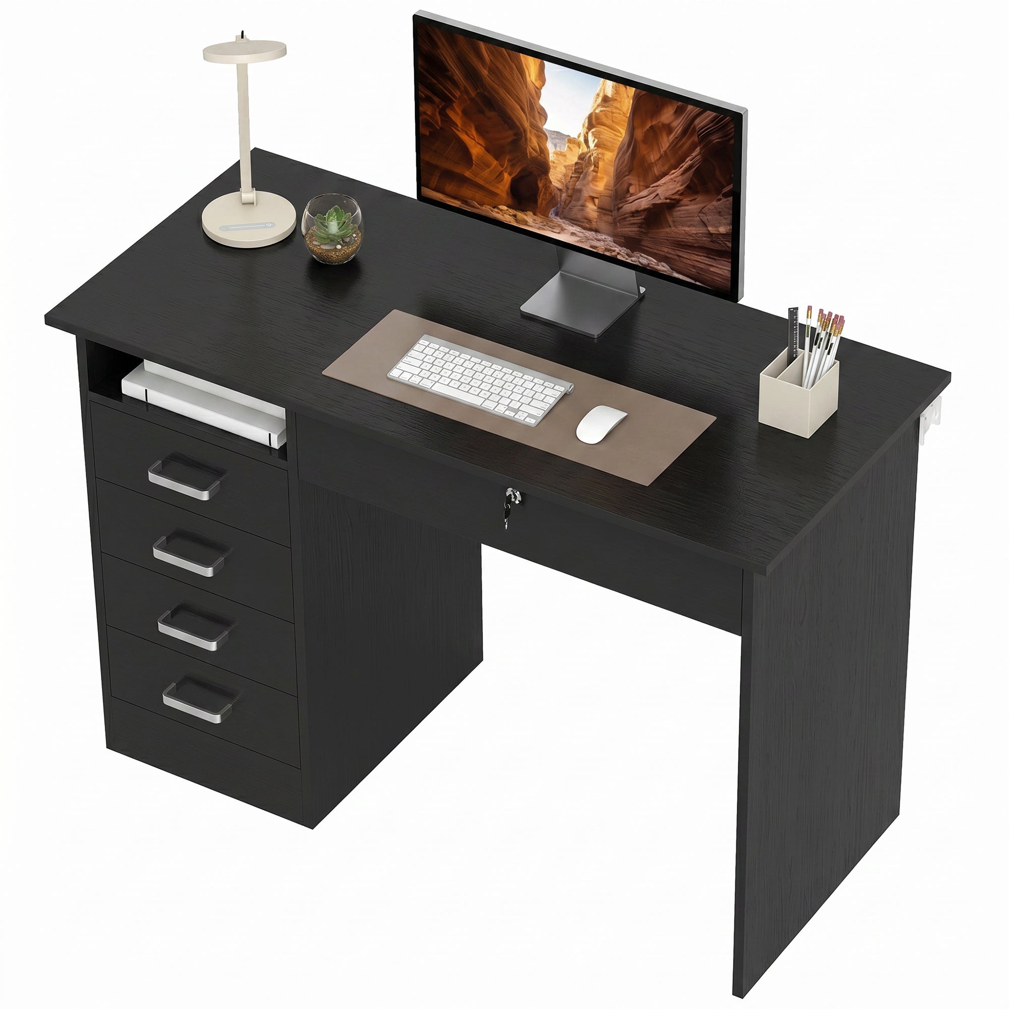 Bureau informatique table d'ordinateur avec grand plateau, 5 tiroirs, 1 compartiment ouvert, tiroir verrouillable, moderne 110 x 50 x 76 cm, noir