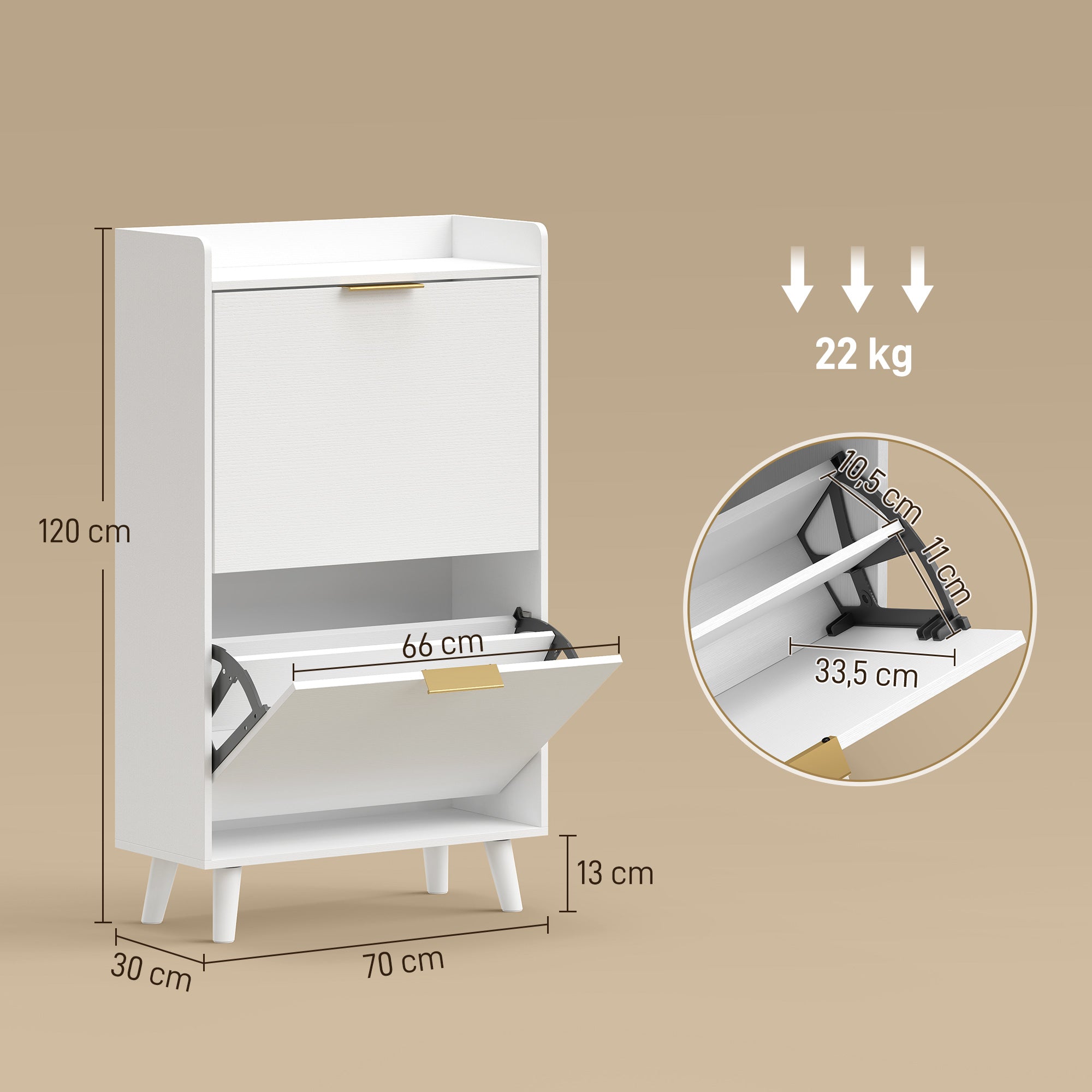 Meuble à chaussures 12 paires, armoire à chaussures étroite avec 2 tiroirs rabattables, étagères réglables et plateau supérieur, pieds en bois d'hévéa, pour couloir, entrée, 70x30x120cm, blanc