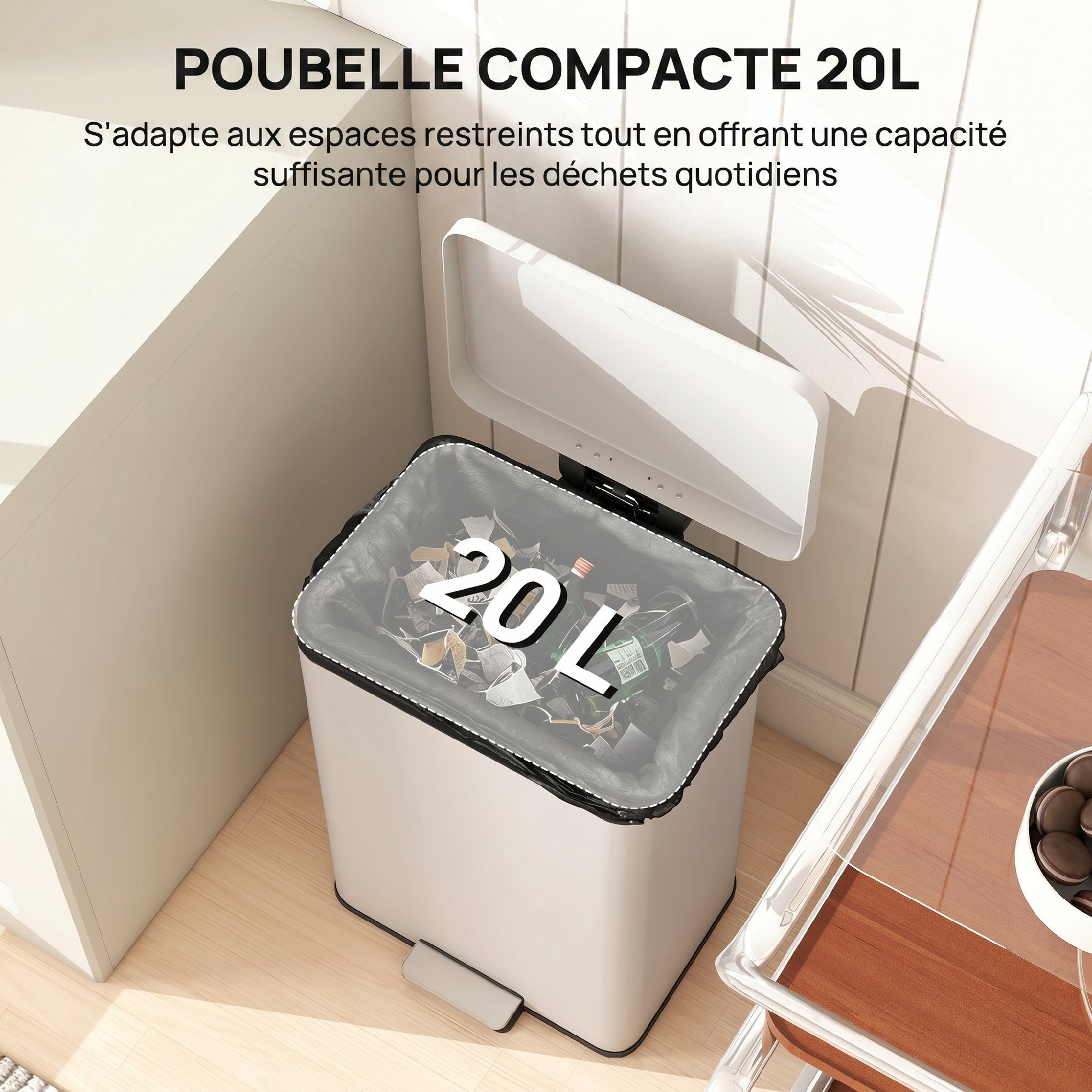 Poubelle de Cuisine 20 L, Poubelle avec Pédale, Couvercle à Fermeture Douce en Métal, Seau Intérieur Amovible, Anti-Traces, pour Cuisine, Maison, Bureau, Crème