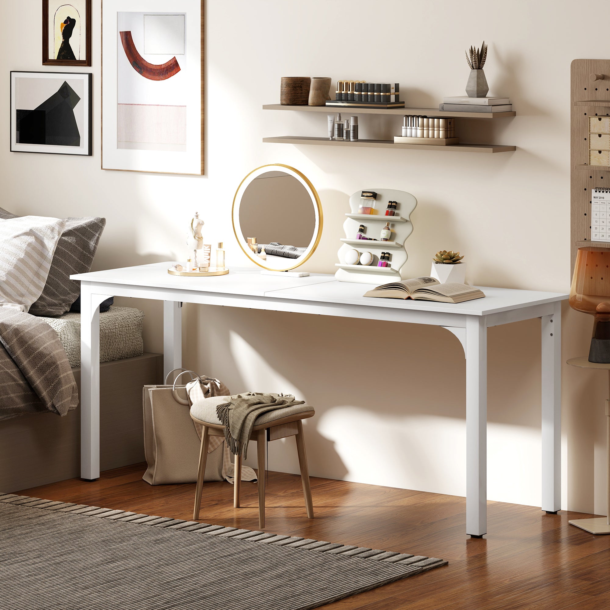 Bureau, bureau d'ordinateur 180 cm avec large plateau pour 2 personnes, cadre en acier, table d'ordinateur pour travail à domicile ou étude, blanc