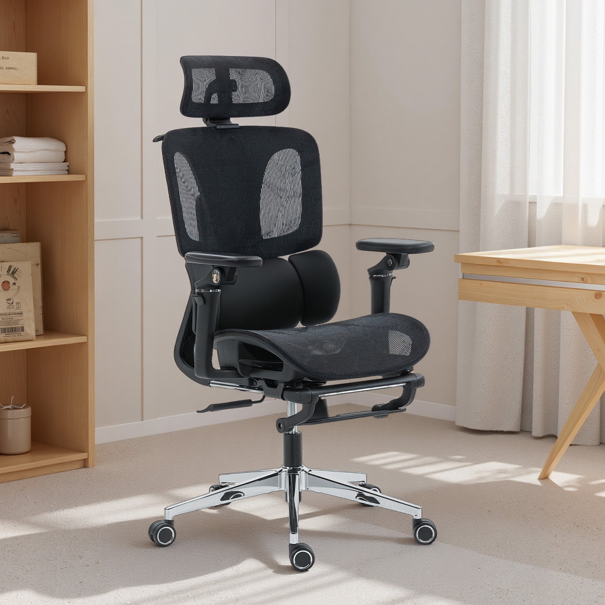 Chaise Bureau Ergonomique avec Accoudoirs 6D, Appui-Tête et Profondeur d'Assise Réglables, Fauteuil de Bureau en Maille Inclinable, Hauteur Réglable, Soutien Lombaire, Repose-Pieds, Noir