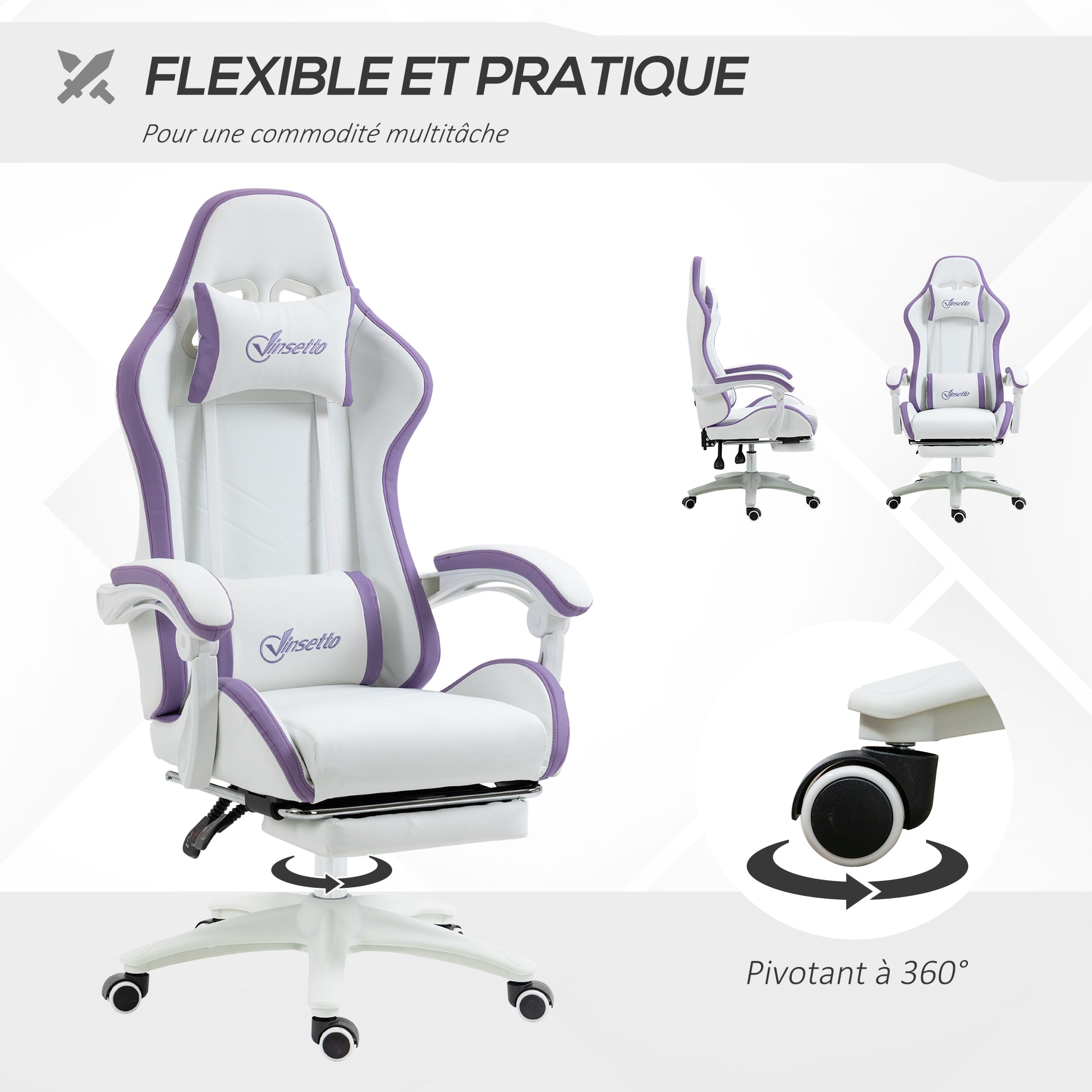 Chaise gaming fauteuil gaming ergonomique repose-pieds télescopique, dossier inclinable à 135°, appui-tête réglable et soutien lombaire, fauteuil de bureau 360° rotatif en similicuir, blanc