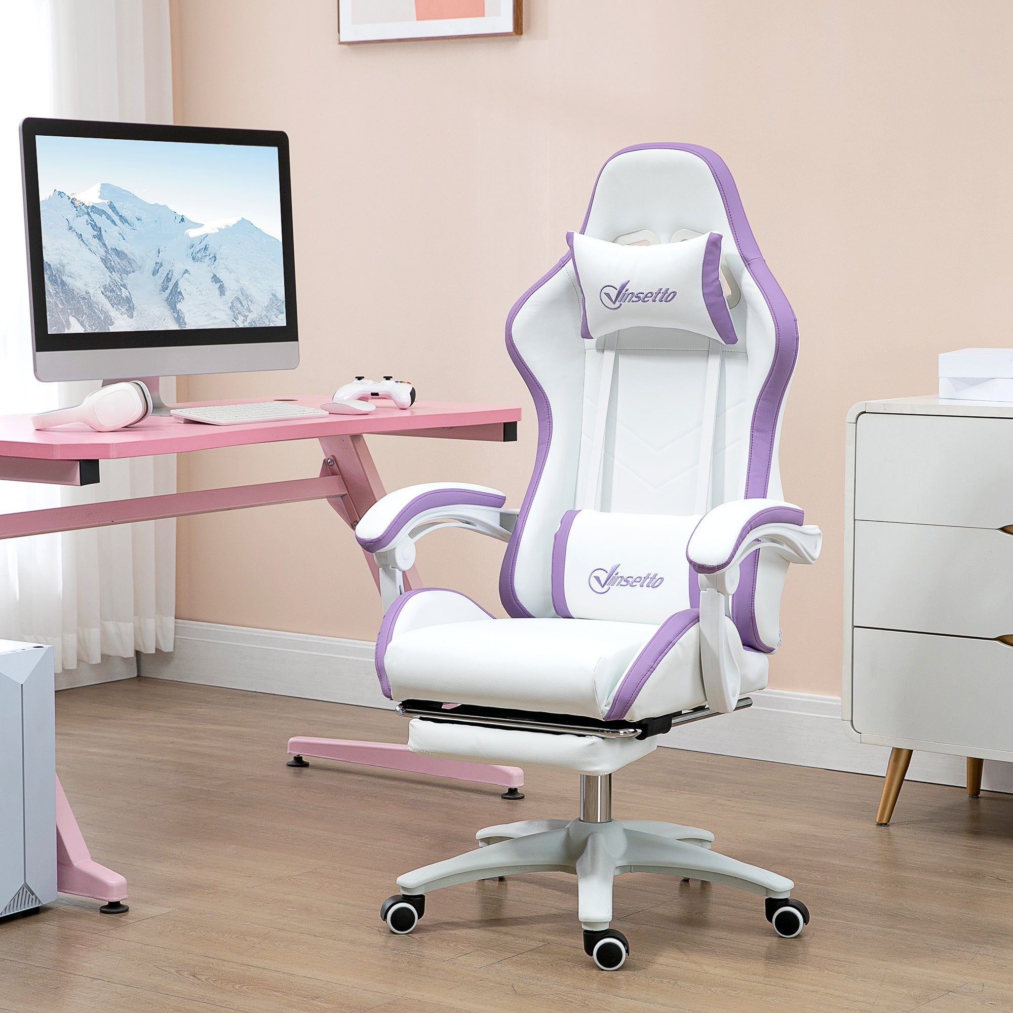 Chaise gaming fauteuil gaming ergonomique repose-pieds télescopique, dossier inclinable à 135°, appui-tête réglable et soutien lombaire, fauteuil de bureau 360° rotatif en similicuir, blanc