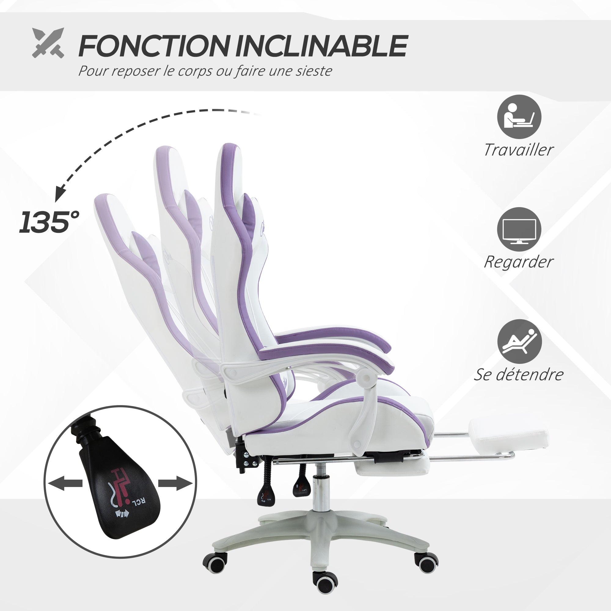 Chaise gaming fauteuil gaming ergonomique repose-pieds télescopique, dossier inclinable à 135°, appui-tête réglable et soutien lombaire, fauteuil de bureau 360° rotatif en similicuir, blanc