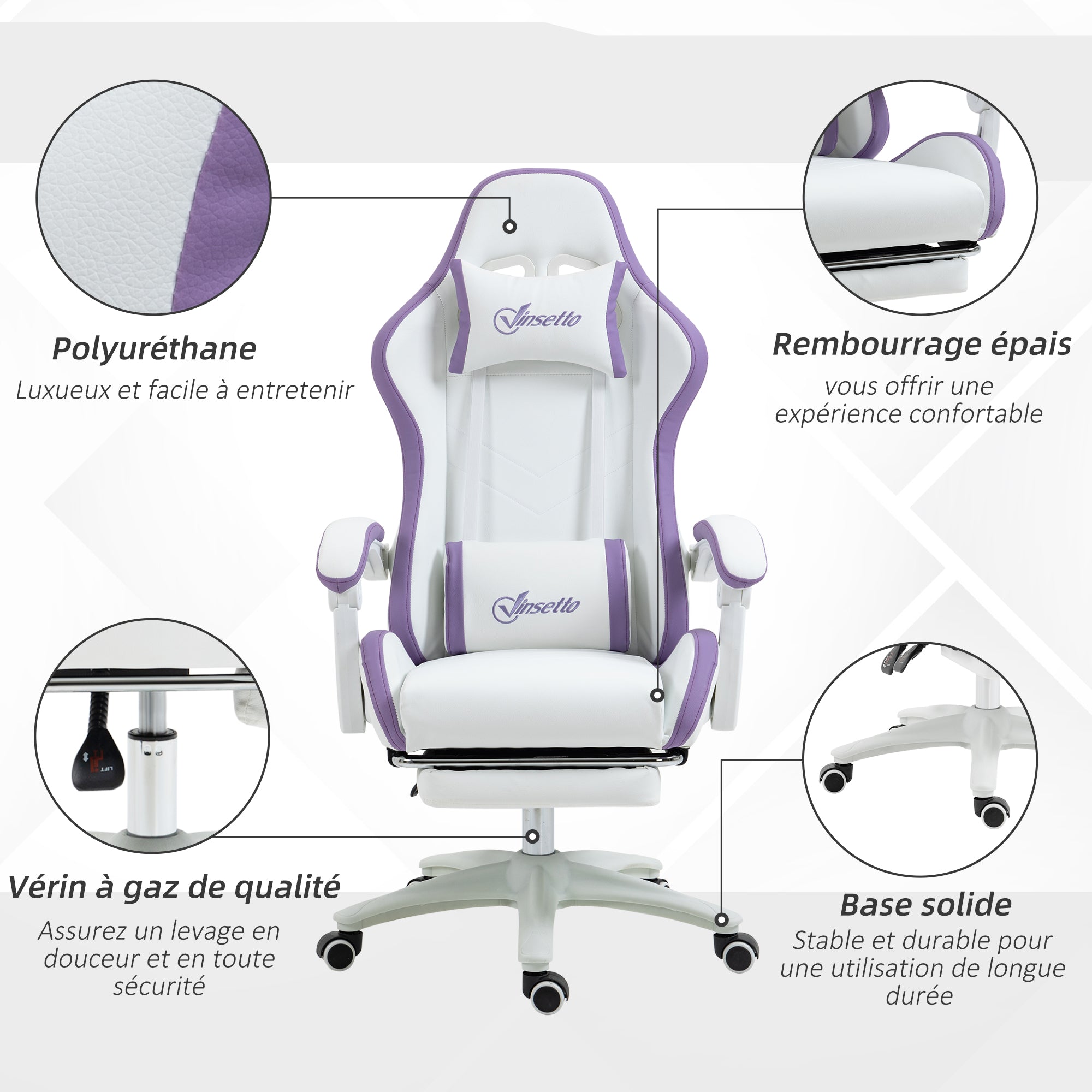 Chaise gaming fauteuil gaming ergonomique repose-pieds télescopique, dossier inclinable à 135°, appui-tête réglable et soutien lombaire, fauteuil de bureau 360° rotatif en similicuir, blanc