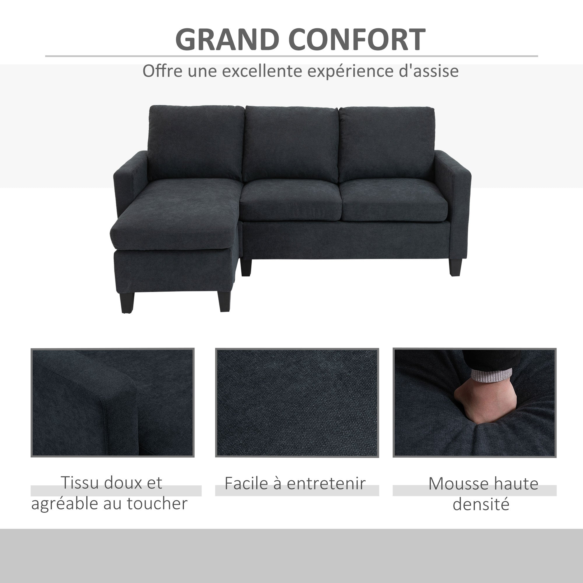 Canapé d'angle canapé 3 places avec méridienne réversible gauche ou droite pour salon, bureau, appartement, tissu polyester 197L x 139l x 91H cm gris foncé