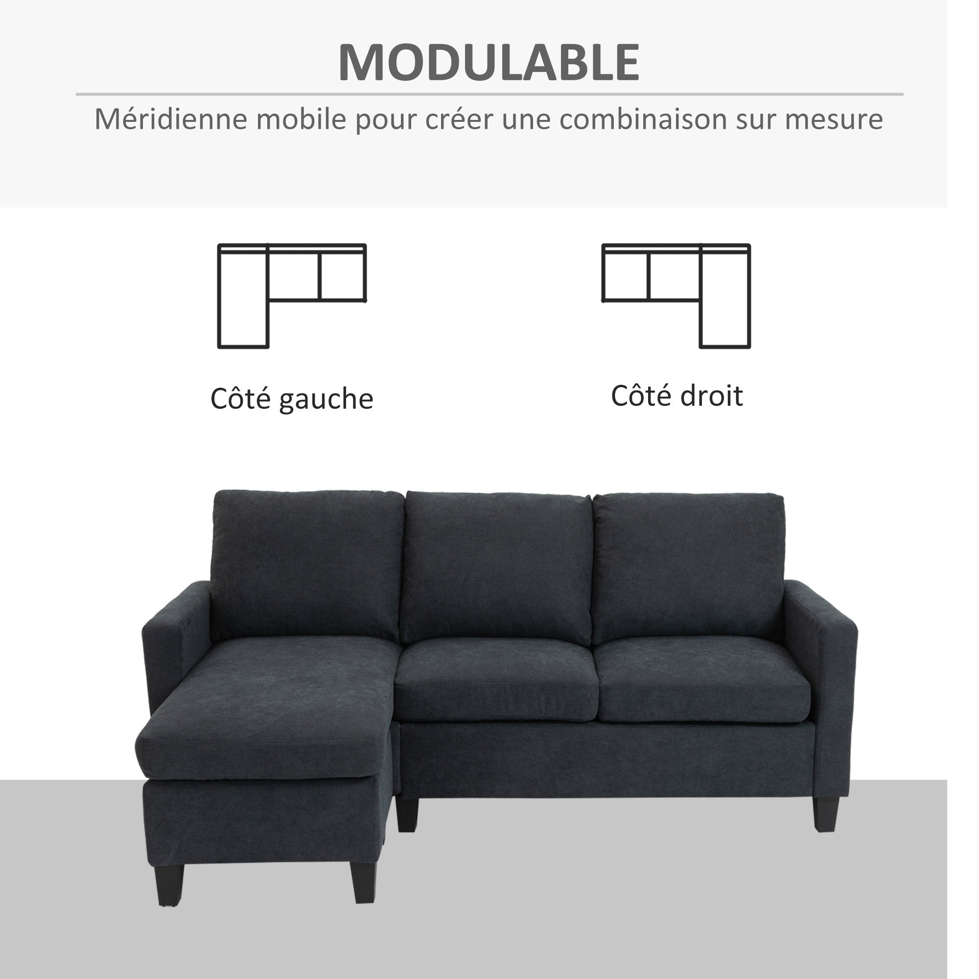 Canapé d'angle canapé 3 places avec méridienne réversible gauche ou droite pour salon, bureau, appartement, tissu polyester 197L x 139l x 91H cm gris foncé