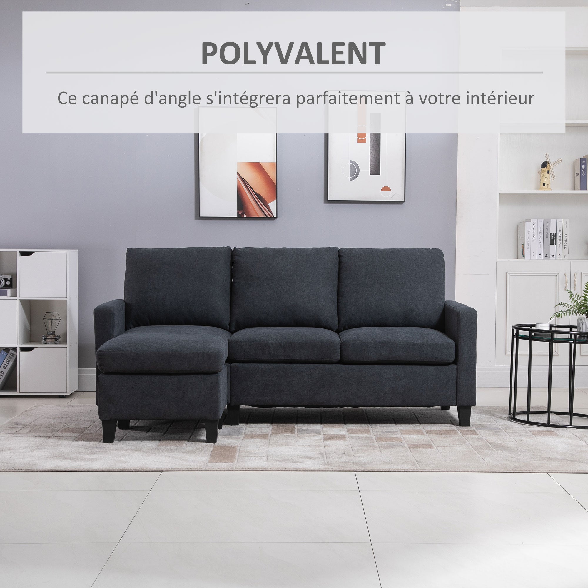 Canapé d'angle canapé 3 places avec méridienne réversible gauche ou droite pour salon, bureau, appartement, tissu polyester 197L x 139l x 91H cm gris foncé