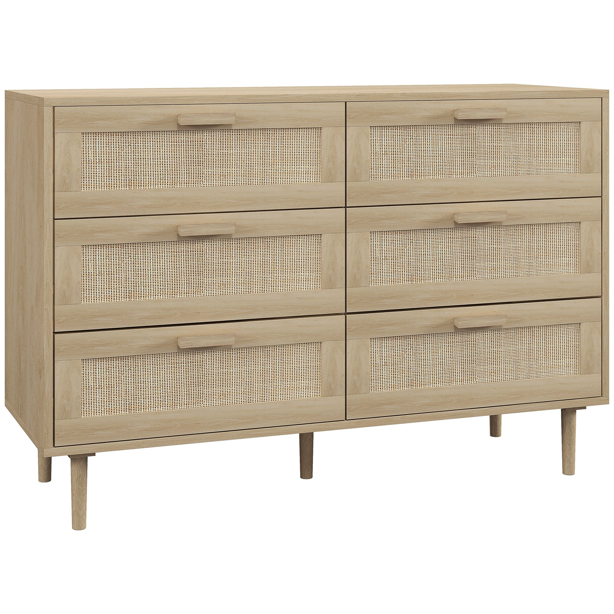Commode 6 tiroirs meuble de rangement avec tissage en rotin dim. 110L x 40l x 75H cm Aspect Bois Clair