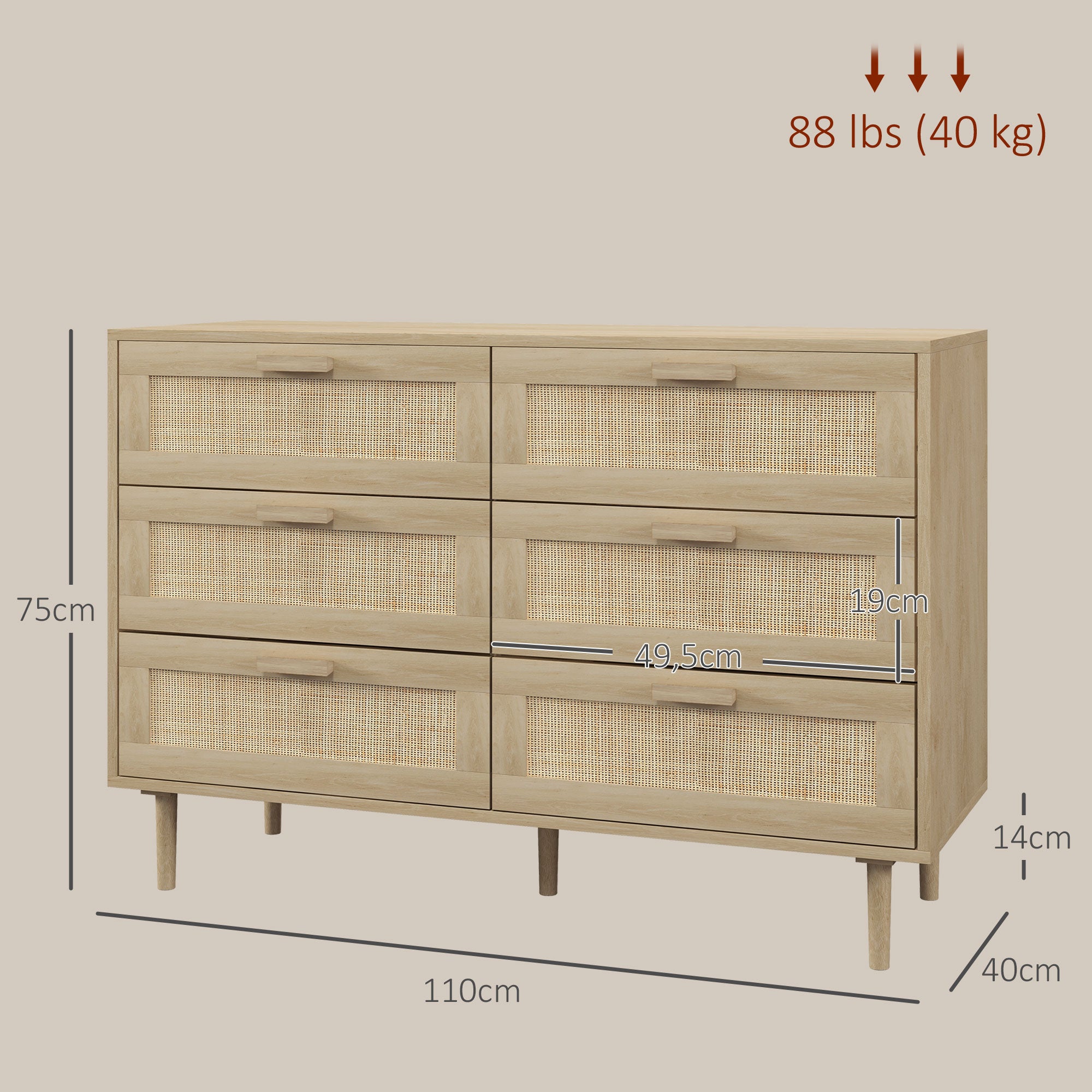 Commode 6 tiroirs meuble de rangement avec tissage en rotin dim. 110L x 40l x 75H cm Aspect Bois Clair