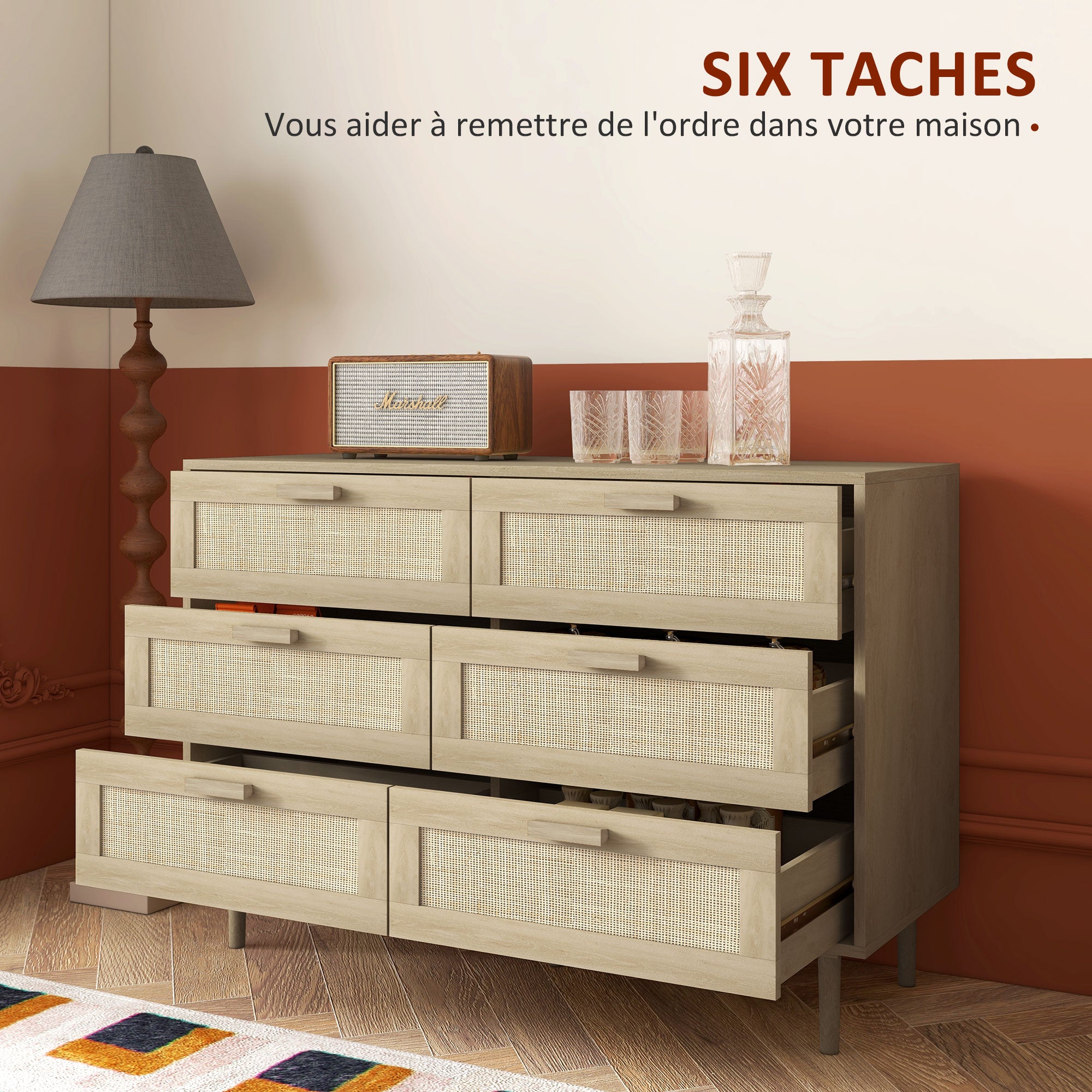 Commode 6 tiroirs meuble de rangement avec tissage en rotin dim. 110L x 40l x 75H cm Aspect Bois Clair